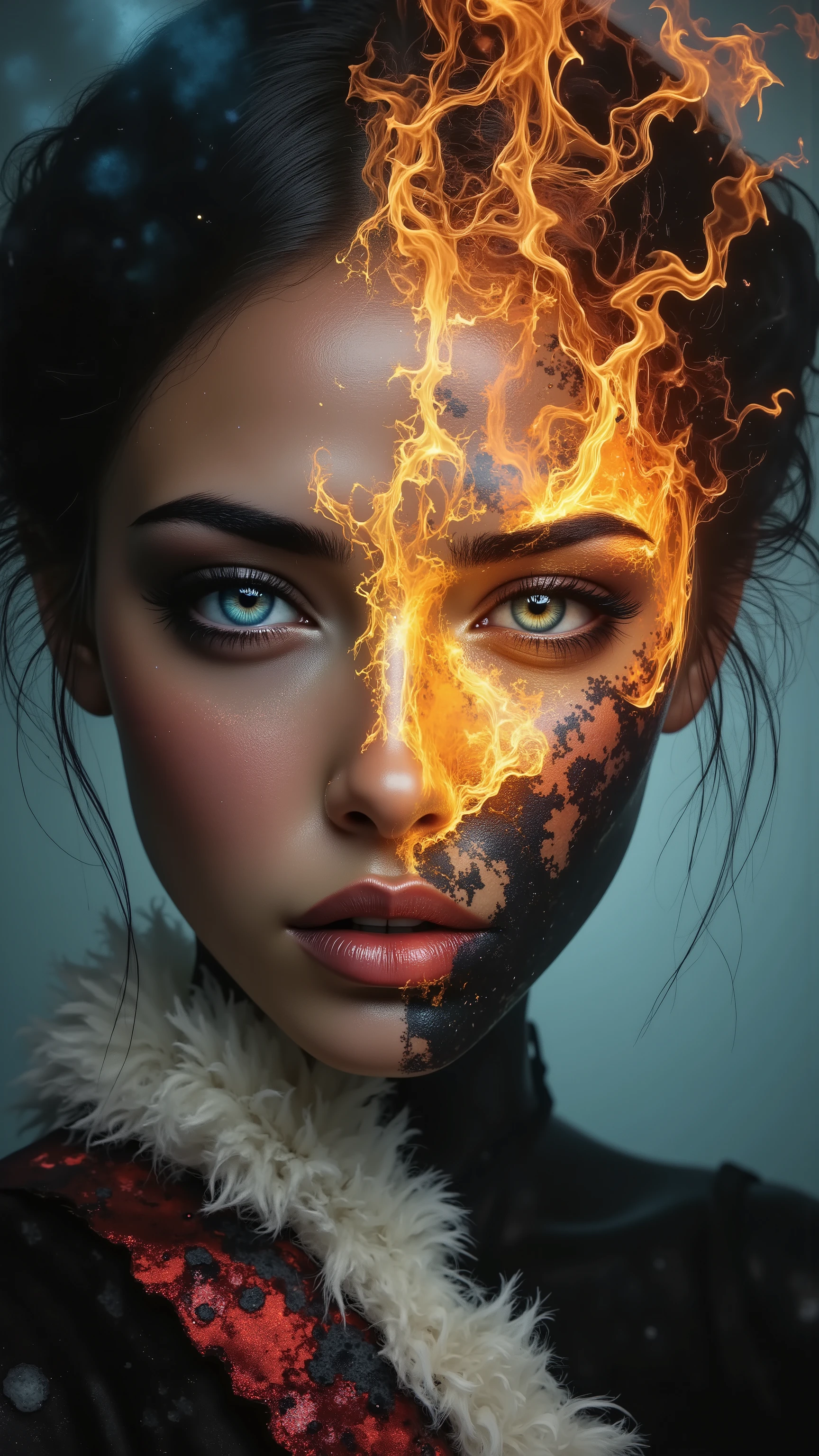  Ultra-realistic (photorealistic Realism) , "UHD, Hyper high resolution" - "(Hyper quality, intricately ultra-detailed digital art)" (Key Directive: - ("The priority is the anatomical accuracy and texture of the materials" - "Ultra-sharp human eyes with biological accuracy") (realistic texture details: velvety skin, hair), long Lashes: individual synthetic fibers (crosshatched roots:1 . 2 , clump-free separation), { "Eyes:(acid-resistant terminology) (macro-details:1.5): * Moist corneal surface (visible aqueous layer:1.2) * Hyper-detailed iris eyes (green) * Precise limbal ring (slightly darker pigmentation:1.3) * Pupil micro-texture (irregular edge authenticity:0.9) * Vasculature in sclera (subtle blue veins radiating from limbus)" } (Avoid: "pupil distortion , uncanny valley asymmetry , plastic-like wetness"),detailed portrait of a princess wearing a luxurious fur robe over a royal dress, she has a warm smile on her face, lush waterfall in the background, colorful flowers surrounding her, highly detailed, 8k, photorealistic, realistic lighting, professional digital art, dramatic fantasy style, oil painting, vibrant colors, intricate details, h4nd
