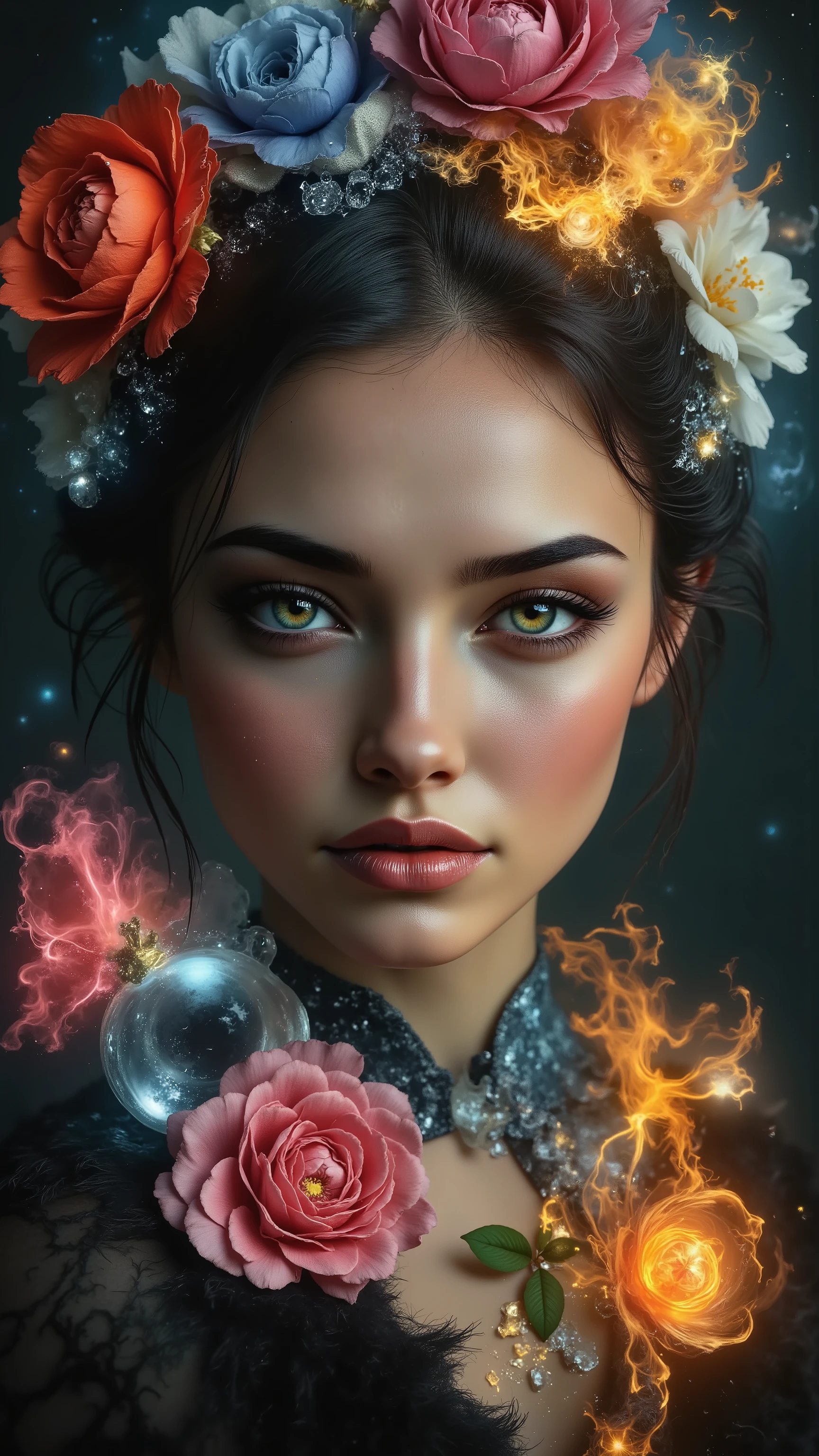  Ultra-realistic (photorealistic Realism) , "UHD, Hyper high resolution" - "(Hyper quality, intricately ultra-detailed digital art)" (Key Directive: - ("The priority is the anatomical accuracy and texture of the materials" - "Ultra-sharp human eyes with biological accuracy") (realistic texture details: velvety skin, hair), long Lashes: individual synthetic fibers (crosshatched roots:1 . 2 , clump-free separation), { "Eyes:(acid-resistant terminology) (macro-details:1.5): * Moist corneal surface (visible aqueous layer:1.2) * Hyper-detailed iris eyes (green) * Precise limbal ring (slightly darker pigmentation:1.3) * Pupil micro-texture (irregular edge authenticity:0.9) * Vasculature in sclera (subtle blue veins radiating from limbus)" } (Avoid: "pupil distortion , uncanny valley asymmetry , plastic-like wetness"),detailed portrait of a princess wearing a luxurious fur robe over a royal dress, she has a warm smile on her face, lush waterfall in the background, colorful flowers surrounding her, highly detailed, 8k, photorealistic, realistic lighting, professional digital art, dramatic fantasy style, oil painting, vibrant colors, intricate details, h4nd
