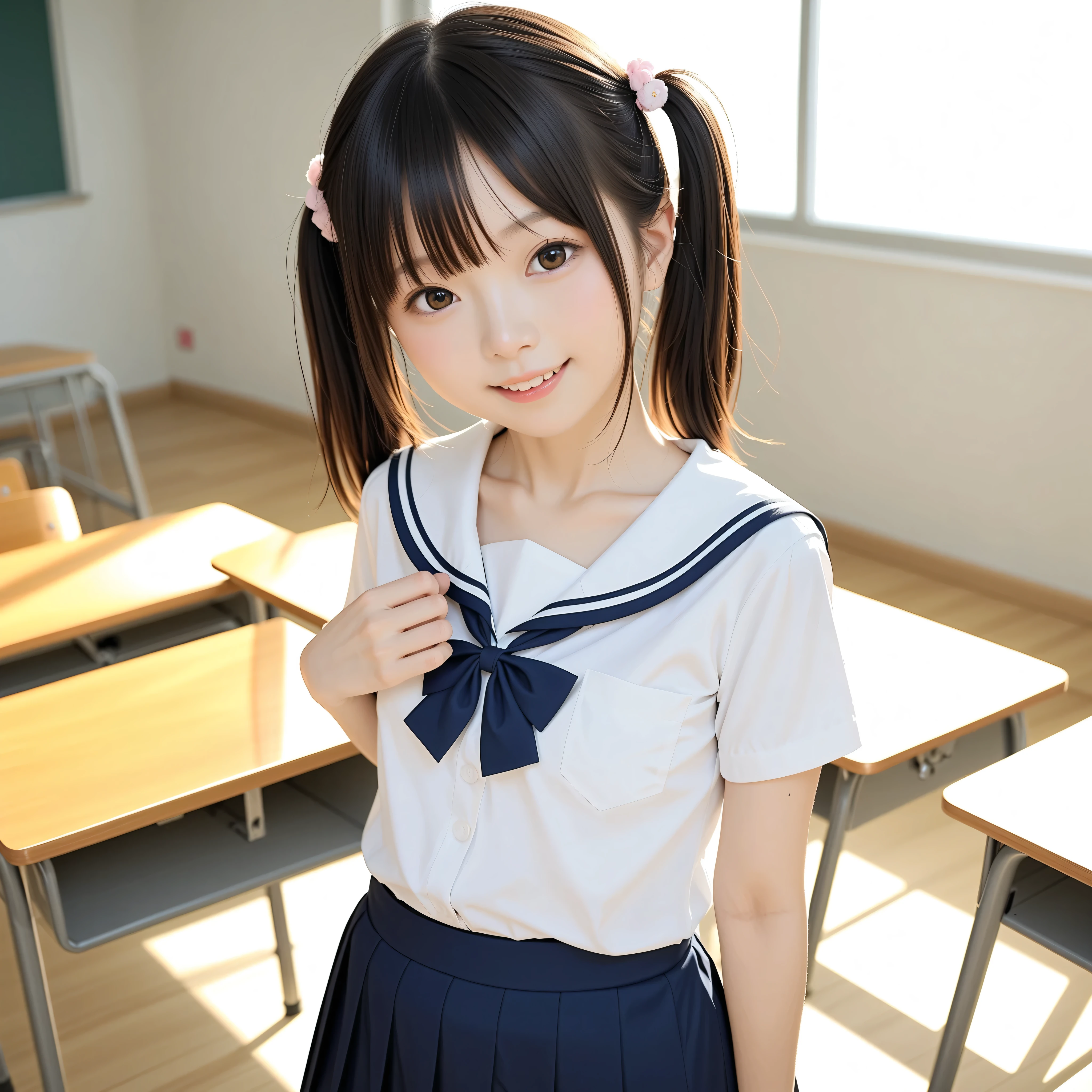 ( white skin:1.0),cute girl,かわいいyounger女の子,slender,short,skinny,slender,thin body,Toddler_body,younger,score_7_ up,score_8_ up,score_9,realistic,School Uniform,school classroom,small butts are not posing,Small breasted,sunlight,japanese,Smile Yang with her hair wrapped around her neck:0.4,Narrow Shoulder,Nice,a young and cute girl,younger