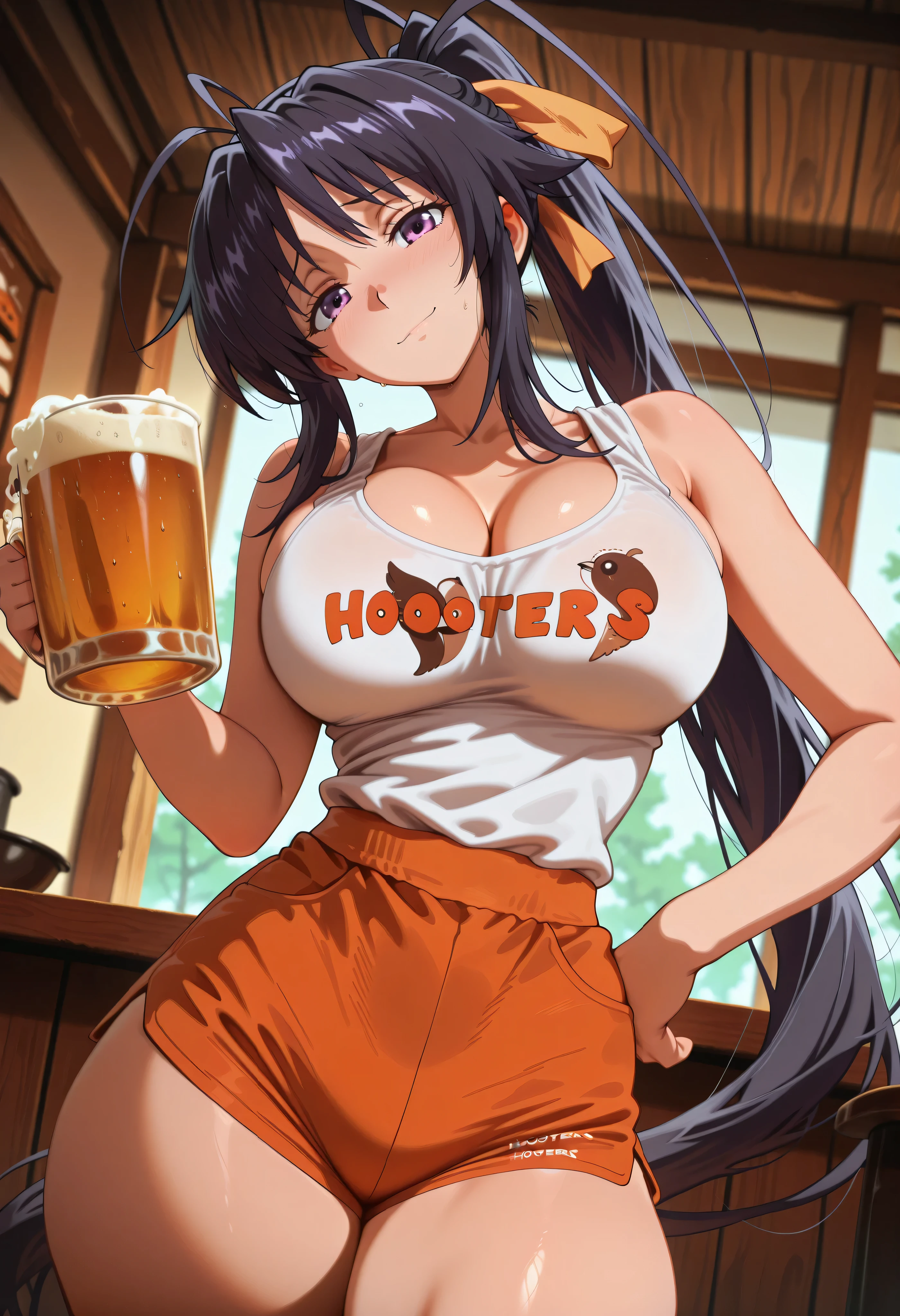 highres, hi res, best quality, masterpiece,, anime coloring, 1girl, thick thighs, narrow waist, HootersUniform, employee uniform, short shorts, orange shorts, tank top, white shirt, cleavage, nervous, light smile, dutch angle, naughty pose, looking at viewer, restaurant, solo, one hand on hips, one hand holding beer mug, portrait, dynamic pose, cowboy shot, head tilt, akeno himejima, long hair, black hair, ribbon, very long hair, purple eyes, hair ribbon, ponytail, antenna hair,