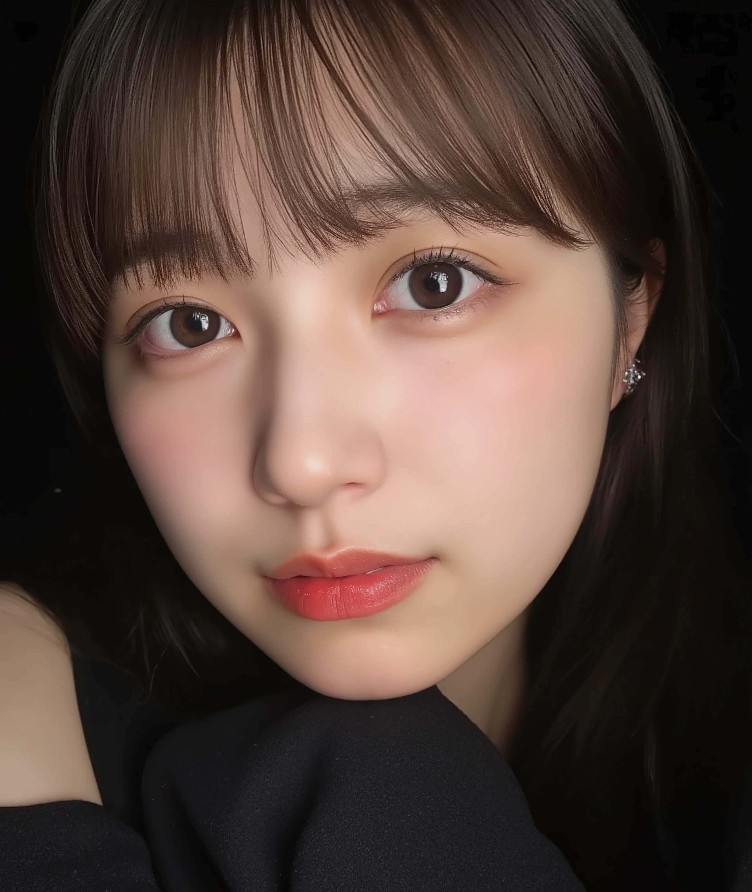The image is a close-up photograph of a young Asian woman with a fair complexion. Her face dominates the frame, occupying the majority of the image, with her eyes, nose, and lips prominently visible. She has large, almond-shaped eyes with long, thick eyelashes, and her skin is smooth and soft. Her lips are full and slightly parted, revealing a natural, rosy hue. She wears a small silver stud earring in her left ear, adding a subtle touch of personal style.
Her hair is long, dark brown with subtle highlights, and it partially covers her forehead, giving a slightly tousled, casual look. The background is out of focus, but it appears to be a dark, possibly indoor setting, which emphasizes her face and provides a stark contrast to her light complexion. She is wearing a black garment, possibly a top or a sleeve, which is visible at the bottom of the image. The overall mood of the photograph is intimate and personal, capturing a candid moment with a natural, unfiltered aesthetic.