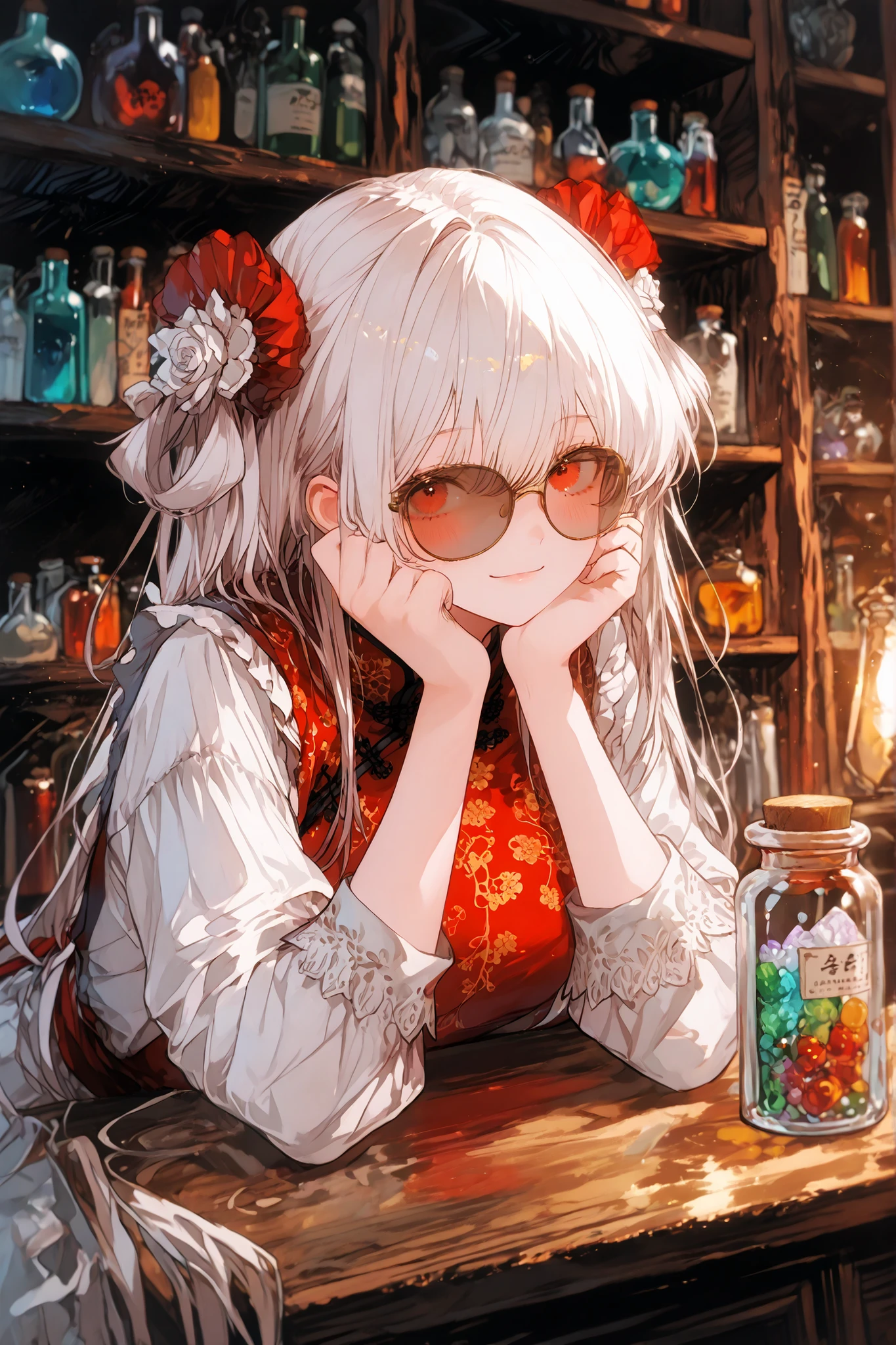  masterpiece,最High Quality,Super Detailed,slender,High Quality、score_9、score_8_up、score_7_up、masterpiece、High Quality、Super Detailed、High Quality、最High Quality、dynamic angle、dynamic pose、dynamic angle、upper body、masterpiece、1 woman（Pharmacist、、red tabard、Wind Tube、gold rim sunglasses with small lenses、with small lenses、フェイスup、Suspicious Chinese merchant、   see here、Nice、cunning smile、Put your hands on your cheeks 、superior、Very long white hair、Red Eyes）、Pharmacistの部屋、   scale   、Medicine bottle、brown bottle 、Herbal medicineの原料、Korean ginseng、many medicines are placed on wooden shelves 、Select medicine cabinet 、Making medicine、full body illustration of a woman in Chinese design、Vintage pharmacy、Herbal medicine, Herbal medicineのボトルでいっぱいの木製の棚に囲まれている, Warm Light, herbs scattered on a wooden table, Herbal medicine, natural color、Composition from superior