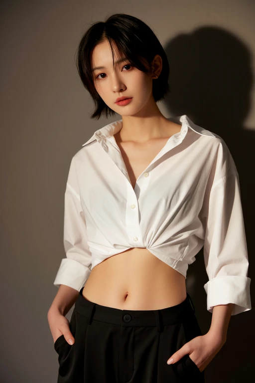 21yo girl, black bob hairstyles background. (Wearing white oversize tshirt, show shoulders), wearing hot pants, cleavage, plump body, hands on the wall, back to back, face forward. Dark background. Voncrete background. Magenta Polaroid. Retro. Flash light