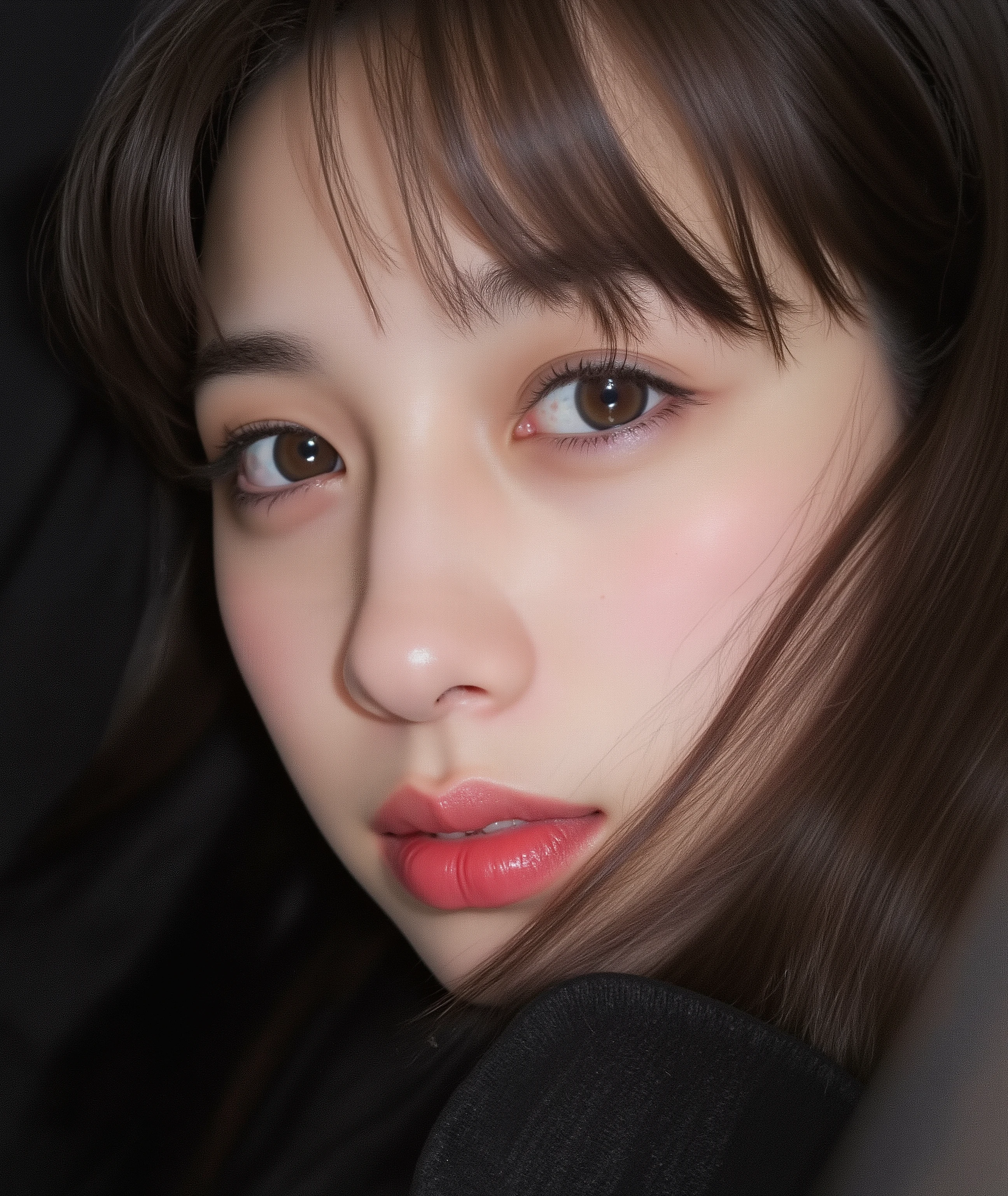 The image is a close-up photograph of a young Asian woman with a fair complexion. Her face dominates the frame, occupying the majority of the image, with her eyes, nose, and lips prominently visible. She has large, almond-shaped eyes with long, thick eyelashes, and her skin is smooth and soft. Her lips are full and slightly parted, revealing a natural, rosy hue. She wears a small silver stud earring in her left ear, adding a subtle touch of personal style.

Her hair is long, dark brown with subtle highlights, and it partially covers her forehead, giving a slightly tousled, casual look. The background is out of focus, but it appears to be a dark, possibly indoor setting, which emphasizes her face and provides a stark contrast to her light complexion. She is wearing a black garment, possibly a top or a sleeve, which is visible at the bottom of the image. The overall mood of the photograph is intimate and personal, capturing a candid moment with a natural, unfiltered aesthetic.