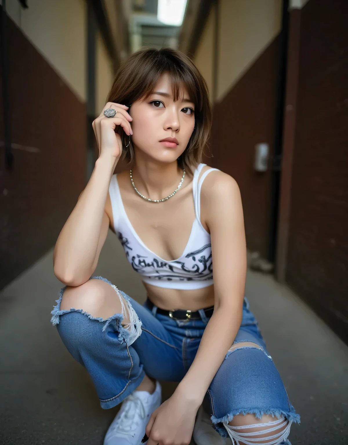 (8K, RAW photo, highest quality, masterpiece:1.2), wide angle, full body, fisheye lens, one woman, solo, lethargic expression, brown eyes, sclera, eyeliner, eyeshadow, ((damaged hair, brown hair color, short hair, hairstyle)), slender, silver necklace, shiny texture, white tight graphic tank top, silver ring, black nails, ripped blue jeans, white sneakers, squatting posture (usually elbows on knees, often while smoking, typically considered an indecent posture), real photo art, 8K resolution, sharp focus, narrow alley, daytime but dimly lit, masterpiece, highest quality, high resolution, ultra high definition, detailxl