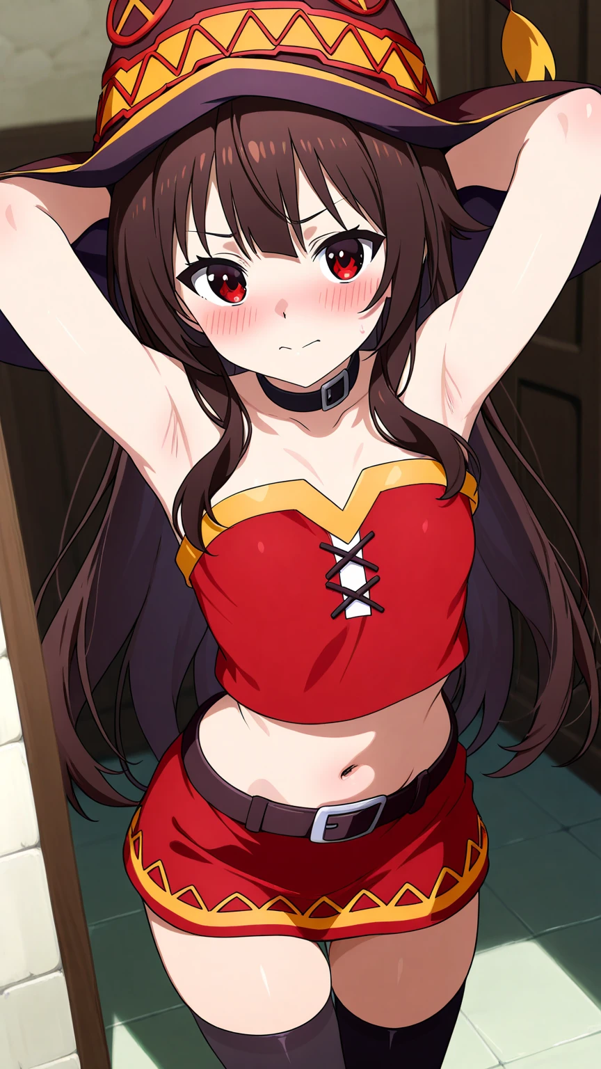 (best quality, masterpiece), off shoulder_sweater. megumin. armpitpeek. cute. flat. 