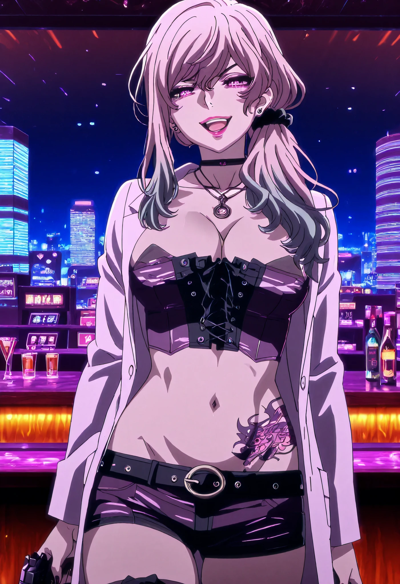 Akudama Drive（doctor）slender、nail polish, ear piercing, long hair, , lipstick, Hot girl, baddie,, sensual, attractive ,choker , cross necklace, thighhighs, shorts, belt, labcoat, cleavage, jewelry, necklace, nail polish, corset,bar background, inside bar, indoors, cityscape, casino, nightclub, city lights,, ,belly,,holding pistol,cleavage smile, open mouth, (nsfw) not safe for work, evil expression, belly, exposed navel, exposed midriff, exposed lower belly, navel, medium large Breasts, dragon tattoo on waist, narrowed eyes, tattoo on waist,, anipai_style , anime screencap , anime coloring,,v-shape eyebrows,,
