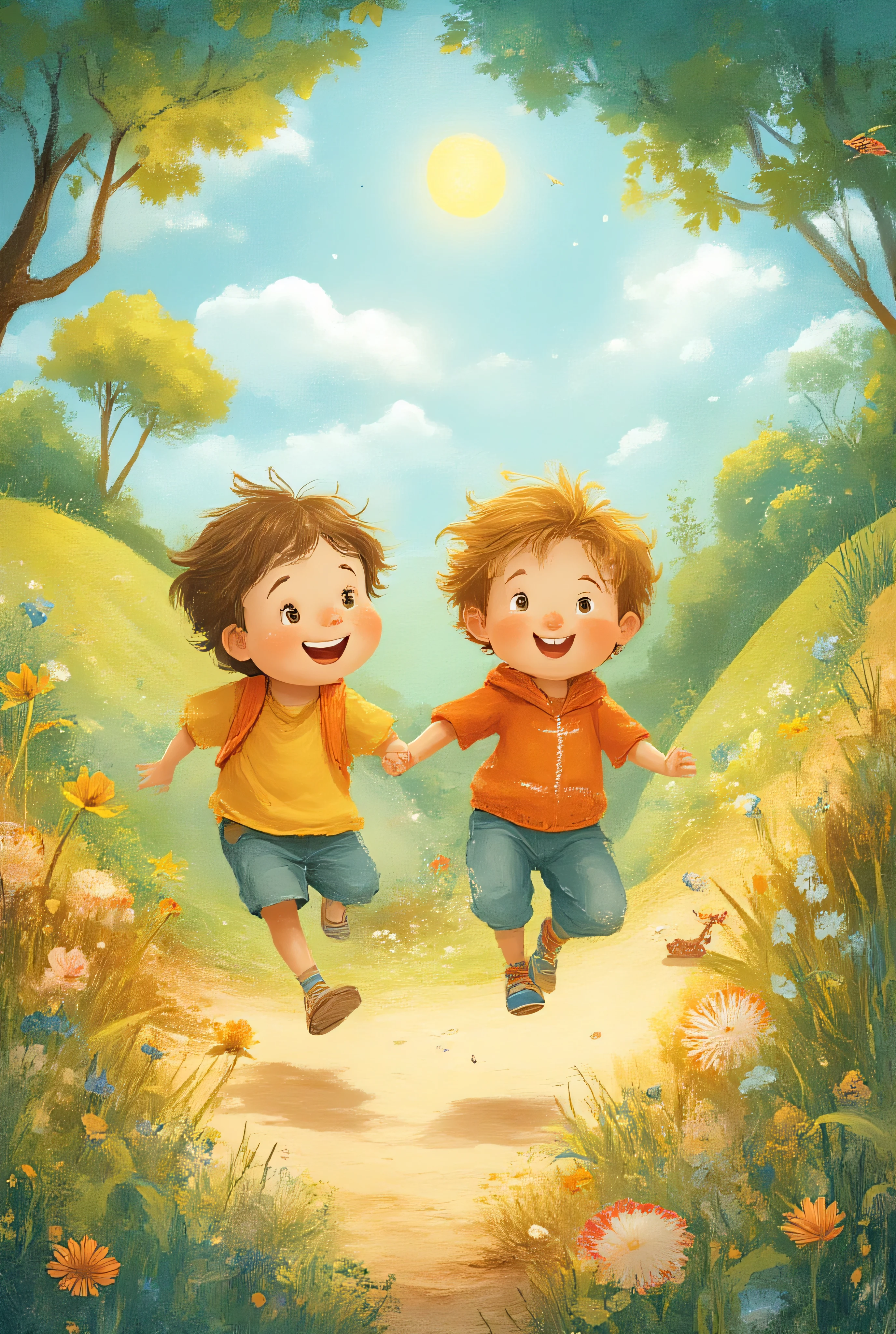 Storybook Illustration art style,children's book cover of two boys skipping hand in hand.