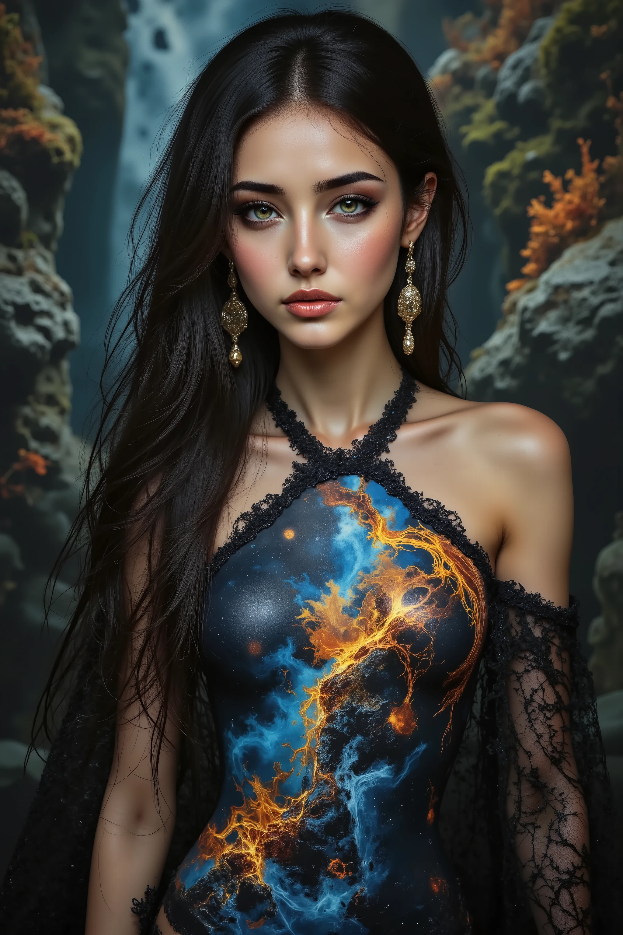 Ultra-realistic (photorealistic Realism) , "UHD, Hyper high resolution" - "(Hyper quality, intricately ultra-detailed digital art)" (Key Directive: - ("The priority is the anatomical accuracy and texture of the materials" - "Ultra-sharp human eyes with biological accuracy") (realistic texture details: velvety skin, hair), long Lashes: individual synthetic fibers (crosshatched roots:1 . 2 , clump-free separation), { "Eyes:(acid-resistant terminology) (macro-details:1.5): * Moist corneal surface (visible aqueous layer:1.2) * Hyper-detailed iris eyes (green) * Precise limbal ring (slightly darker pigmentation:1.3) * Pupil micro-texture (irregular edge authenticity:0.9) * Vasculature in sclera (subtle blue veins radiating from limbus)" } (Avoid: "pupil distortion , uncanny valley asymmetry , plastic-like wetness"),detailed portrait of a princess wearing a luxurious fur robe over a royal dress, she has a warm smile on her face, lush waterfall in the background, colorful flowers surrounding her, highly detailed, 8k, photorealistic, realistic lighting, professional digital art, dramatic fantasy style, oil painting, vibrant colors, intricate details, h4nd