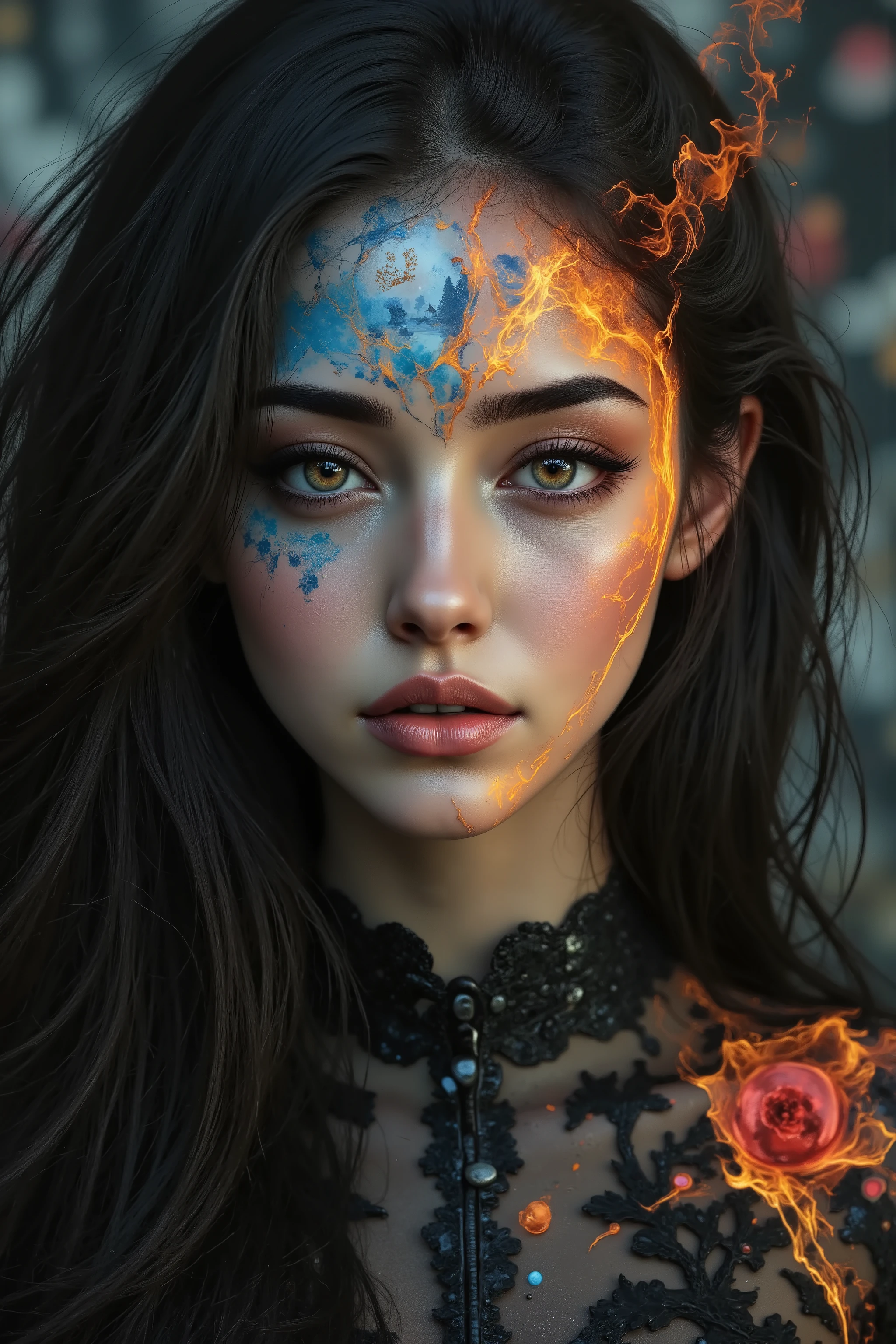 Ultra-realistic (photorealistic Realism) , "UHD, Hyper high resolution" - "(Hyper quality, intricately ultra-detailed digital art)" (Key Directive: - ("The priority is the anatomical accuracy and texture of the materials" - "Ultra-sharp human eyes with biological accuracy") (realistic texture details: velvety skin, hair), long Lashes: individual synthetic fibers (crosshatched roots:1 . 2 , clump-free separation), { "Eyes:(acid-resistant terminology) (macro-details:1.5): * Moist corneal surface (visible aqueous layer:1.2) * Hyper-detailed iris eyes (green) * Precise limbal ring (slightly darker pigmentation:1.3) * Pupil micro-texture (irregular edge authenticity:0.9) * Vasculature in sclera (subtle blue veins radiating from limbus)" } (Avoid: "pupil distortion , uncanny valley asymmetry , plastic-like wetness"),detailed portrait of a princess wearing a luxurious fur robe over a royal dress, she has a warm smile on her face, lush waterfall in the background, colorful flowers surrounding her, highly detailed, 8k, photorealistic, realistic lighting, professional digital art, dramatic fantasy style, oil painting, vibrant colors, intricate details, h4nd