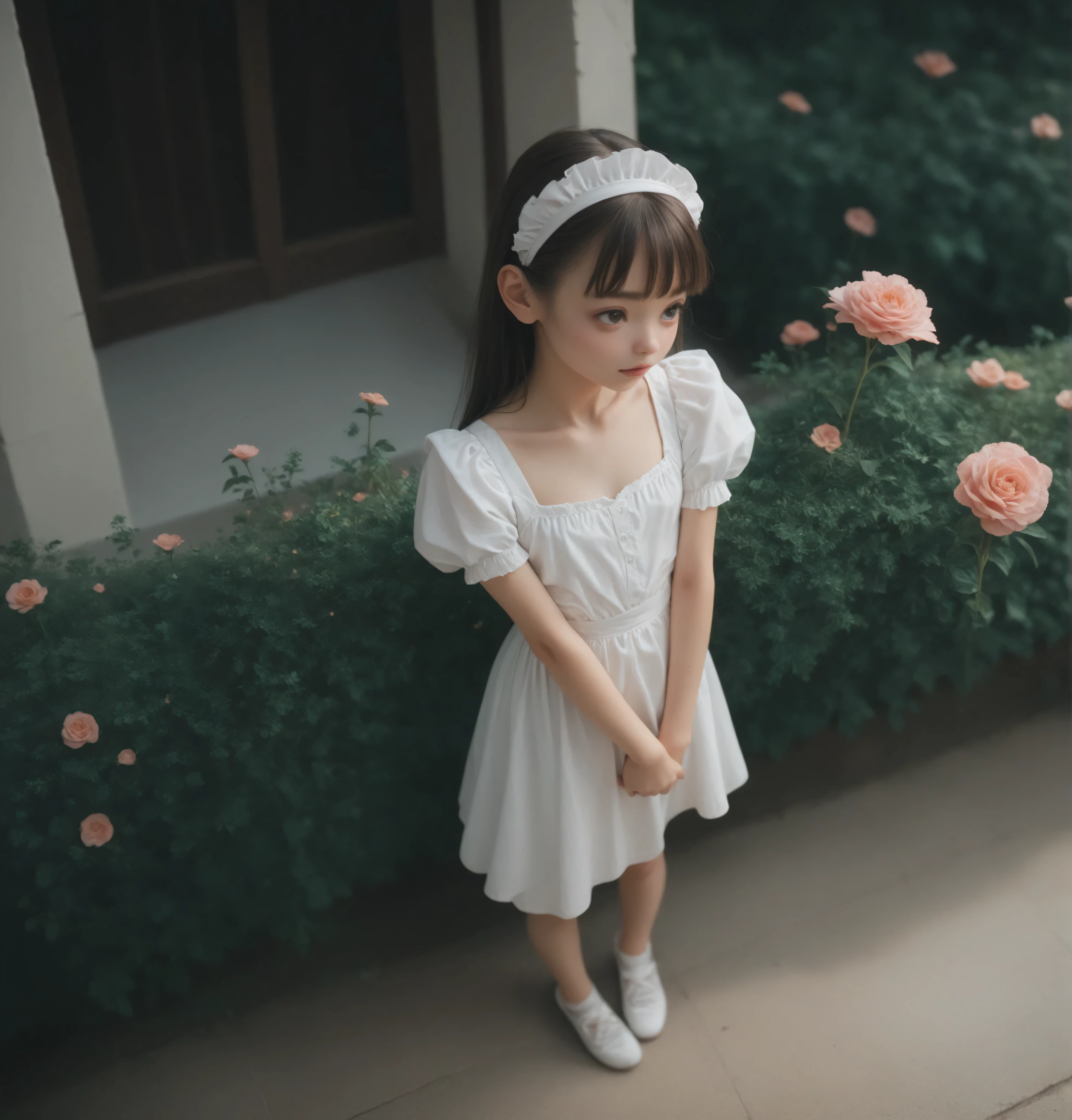 1 Girl、maids,Look at the audience,(skinny:1.46),(younger:1.32),from above,lean forward,(big boobs:-0.19),is watering flowers outside the mansion,japanese,(Smile Yang with her hair wrapped around her neck:0.24),My left hand is touching my crotch