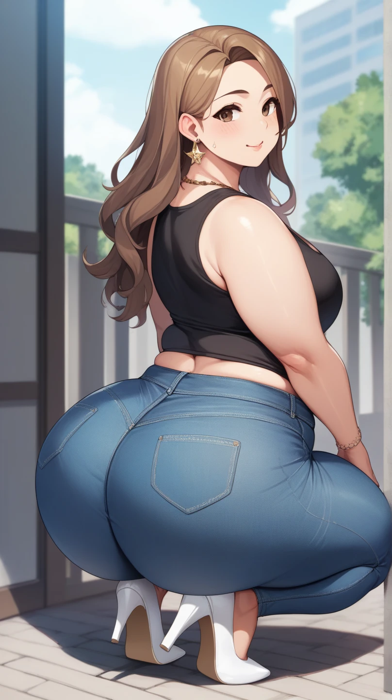 Masterpiece, hi res, absurdres, Best Quality, 4K, 8K, detailed, 1girl,solo, Mature female, Futanari,  tall, long Brown hair, stoic face, white pants,green shirt,tall,milf,red lipstick, prominent lips,curvy, big ass,hand on his,Big breasts,Protruding crotch,Big bulge on pants,Futanari,shemale, genitalia outline on clothing, erection,(Very big bulge),male genitalia, bulge