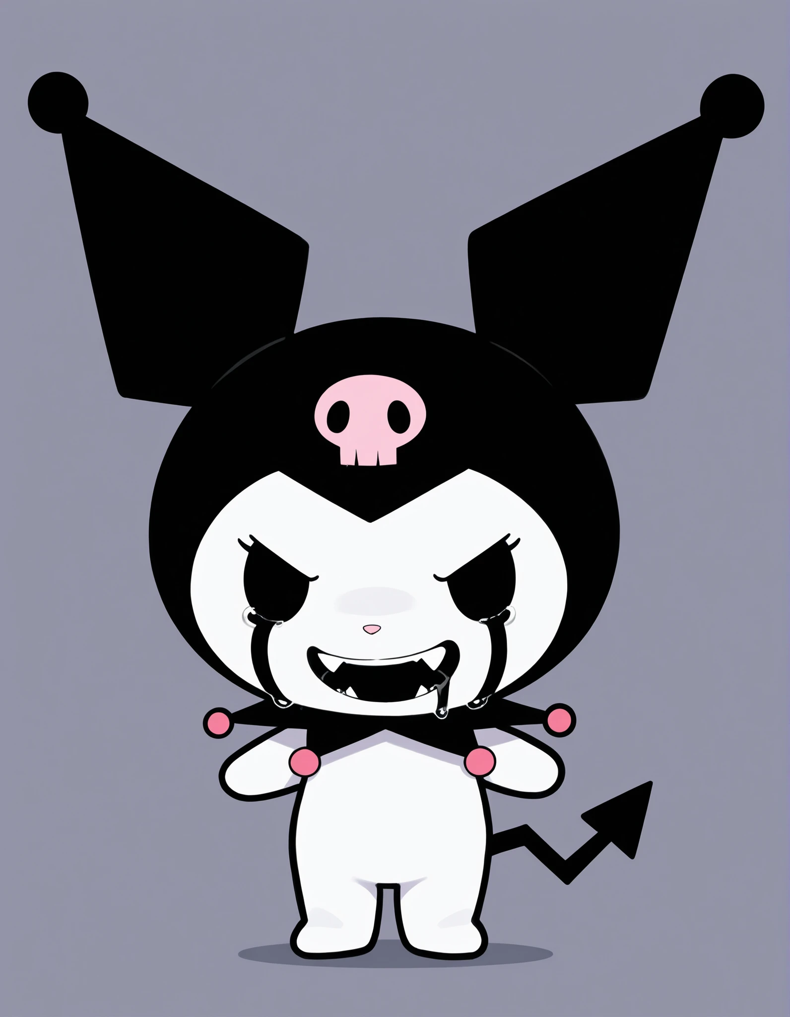 kuromi,,, solo, furry, chibi, Slow movement, solid black eyes, no eyes, black tears, very small saliva, black saliva, furry rabbit girl, sharp fangs, wide grin, black tongue