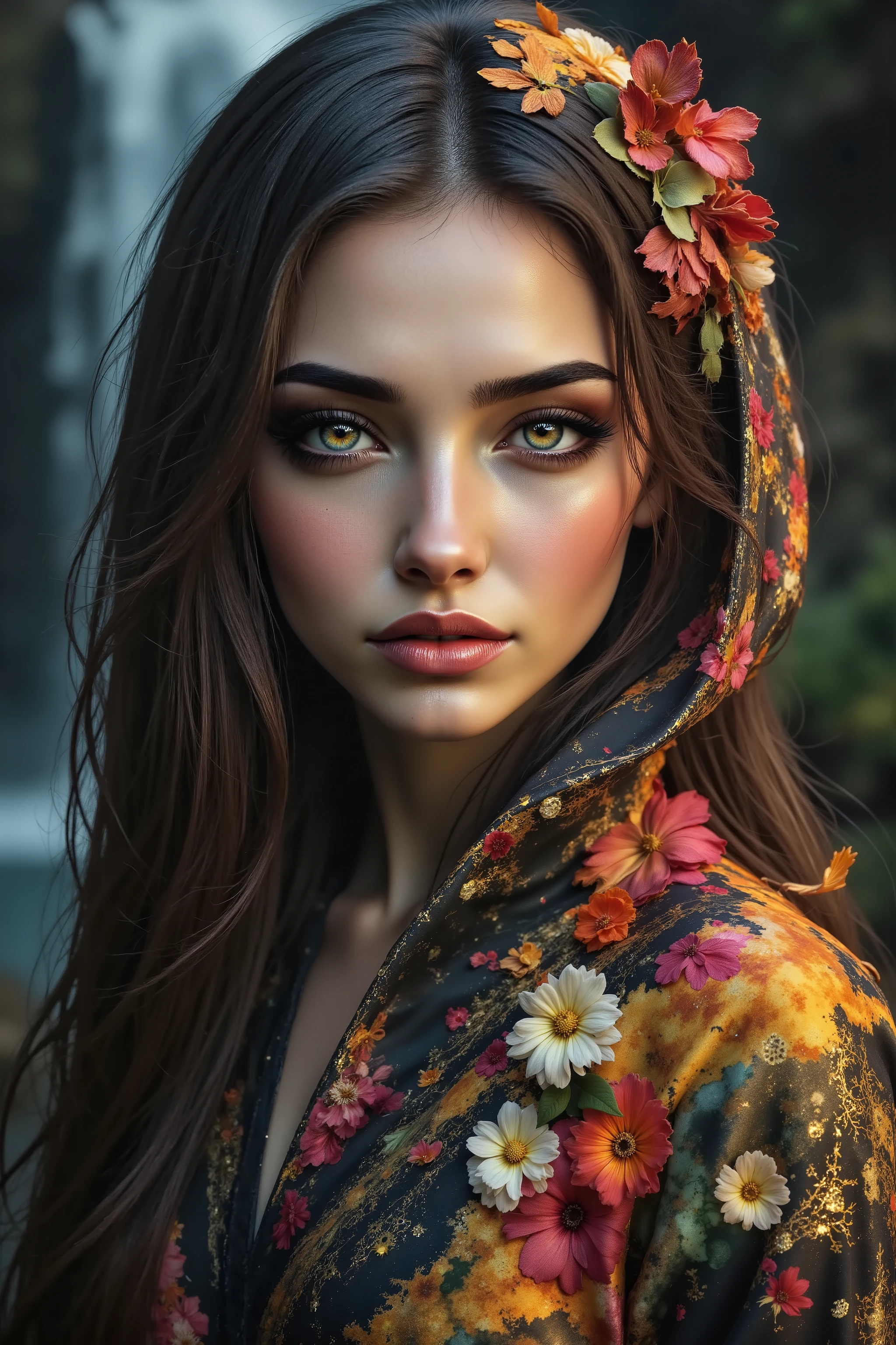  Ultra-realistic (photorealistic Realism) , "UHD, Hyper high resolution" - "(Hyper quality, intricately ultra-detailed digital art)" (Key Directive: - ("The priority is the anatomical accuracy and texture of the materials" - "Ultra-sharp human eyes with biological accuracy") (realistic texture details: velvety skin, hair), long Lashes: individual synthetic fibers (crosshatched roots:1 . 2 , clump-free separation), { "Eyes:(acid-resistant terminology) (macro-details:1.5): * Moist corneal surface (visible aqueous layer:1.2) * Hyper-detailed iris eyes (green) * Precise limbal ring (slightly darker pigmentation:1.3) * Pupil micro-texture (irregular edge authenticity:0.9) * Vasculature in sclera (subtle blue veins radiating from limbus)" } (Avoid: "pupil distortion , uncanny valley asymmetry , plastic-like wetness"),detailed portrait of a princess wearing a luxurious fur robe over a royal dress, she has a warm smile on her face, lush waterfall in the background, colorful flowers surrounding her, highly detailed, 8k, photorealistic, realistic lighting, professional digital art, dramatic fantasy style, oil painting, vibrant colors, intricate details, h4nd
