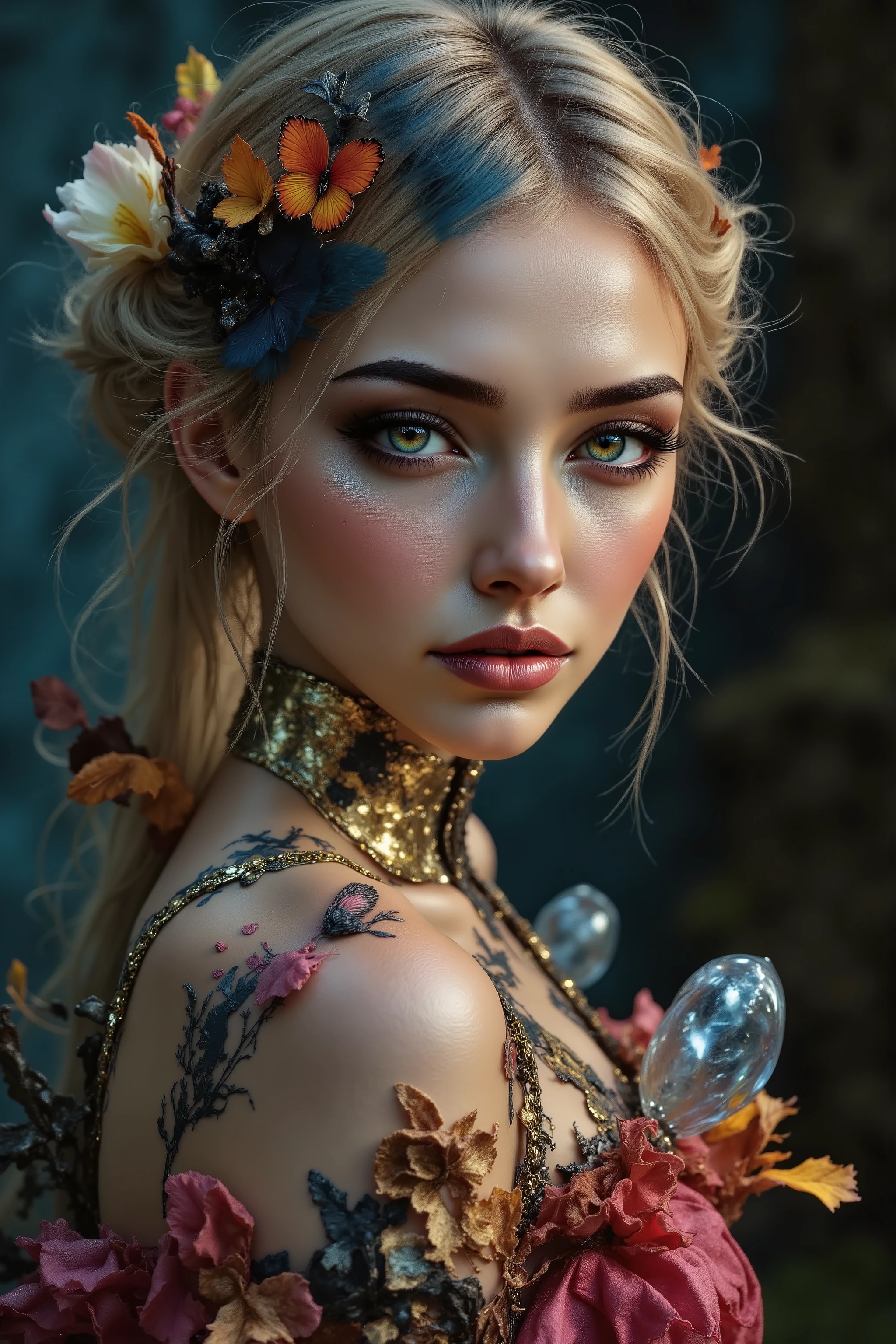  Ultra-realistic (photorealistic Realism) , "UHD, Hyper high resolution" - "(Hyper quality, intricately ultra-detailed digital art)" (Key Directive: - ("The priority is the anatomical accuracy and texture of the materials" - "Ultra-sharp human eyes with biological accuracy") (realistic texture details: velvety skin, hair), long Lashes: individual synthetic fibers (crosshatched roots:1 . 2 , clump-free separation), { "Eyes:(acid-resistant terminology) (macro-details:1.5): * Moist corneal surface (visible aqueous layer:1.2) * Hyper-detailed iris eyes (green) * Precise limbal ring (slightly darker pigmentation:1.3) * Pupil micro-texture (irregular edge authenticity:0.9) * Vasculature in sclera (subtle blue veins radiating from limbus)" } (Avoid: "pupil distortion , uncanny valley asymmetry , plastic-like wetness"),detailed portrait of a princess wearing a luxurious fur robe over a royal dress, she has a warm smile on her face, lush waterfall in the background, colorful flowers surrounding her, highly detailed, 8k, photorealistic, realistic lighting, professional digital art, dramatic fantasy style, oil painting, vibrant colors, intricate details, h4nd
