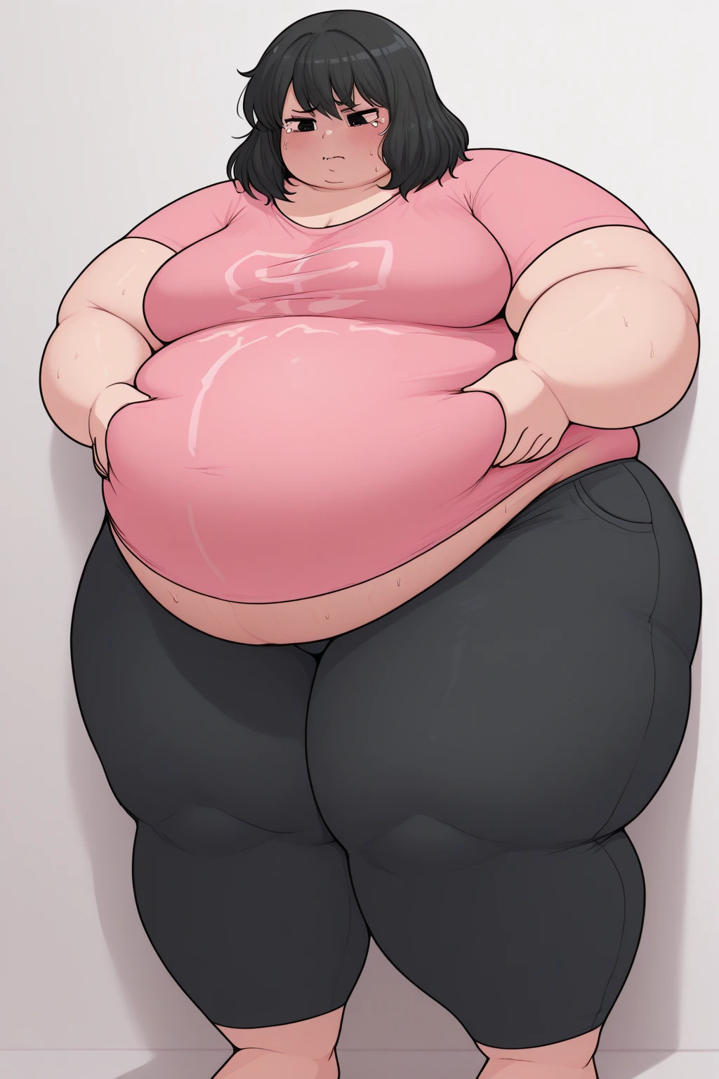 overlordzeon, 1girl, solo, brown hair, bob cut, short dress, curvy, plump, huge breasts, belly, wide hips, thick thighs