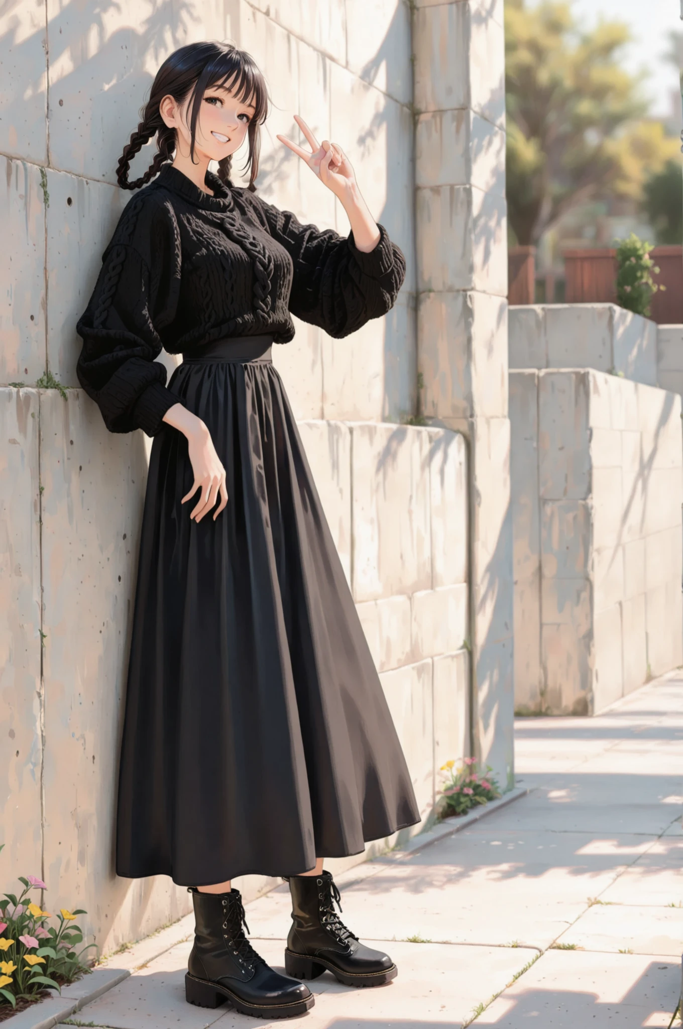 1 Girl, In front of a concrete wall:1.2, solo, (( has a grin)), dark haired, braids, black knit, long skirt, black boots, ((standing, v)), Pay attention to light and shadow in every detail, blurred background, (Highest Quality:1.2, 4K, 8k, very detailed, attention to detail, masterpiece:1.2, Ultimate aesthetics),