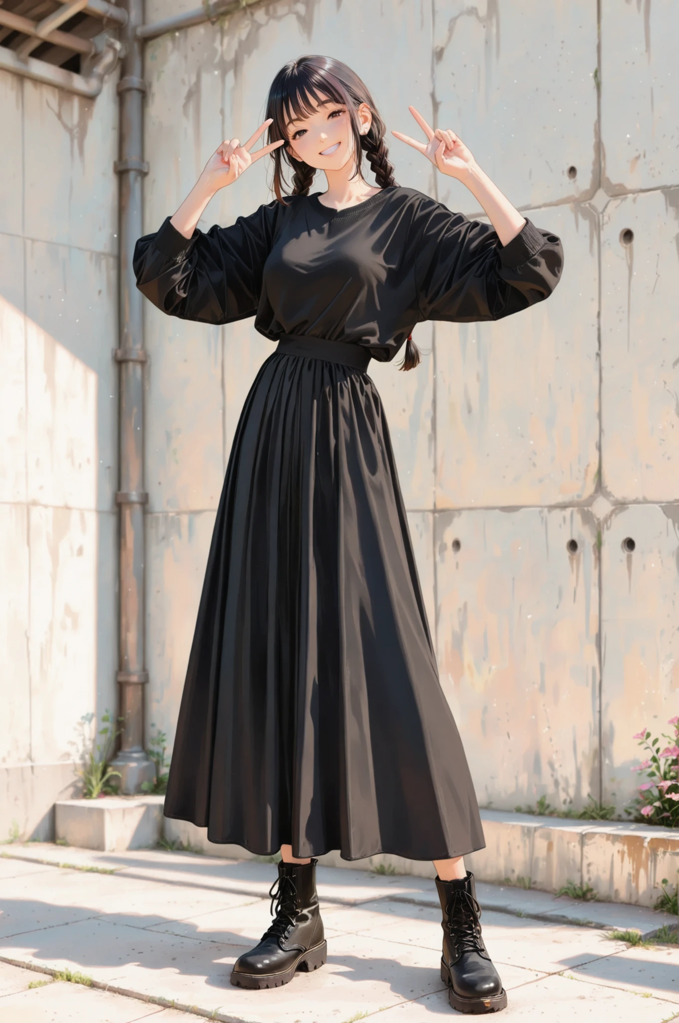 1 Girl, In front of a concrete wall:1.2, solo, (( has a grin)), dark haired, braids, black knit, long skirt, black boots, ((standing, v)), Pay attention to light and shadow in every detail, blurred background, (Highest Quality:1.2, 4K, 8k, very detailed, attention to detail, masterpiece:1.2, Ultimate aesthetics),
