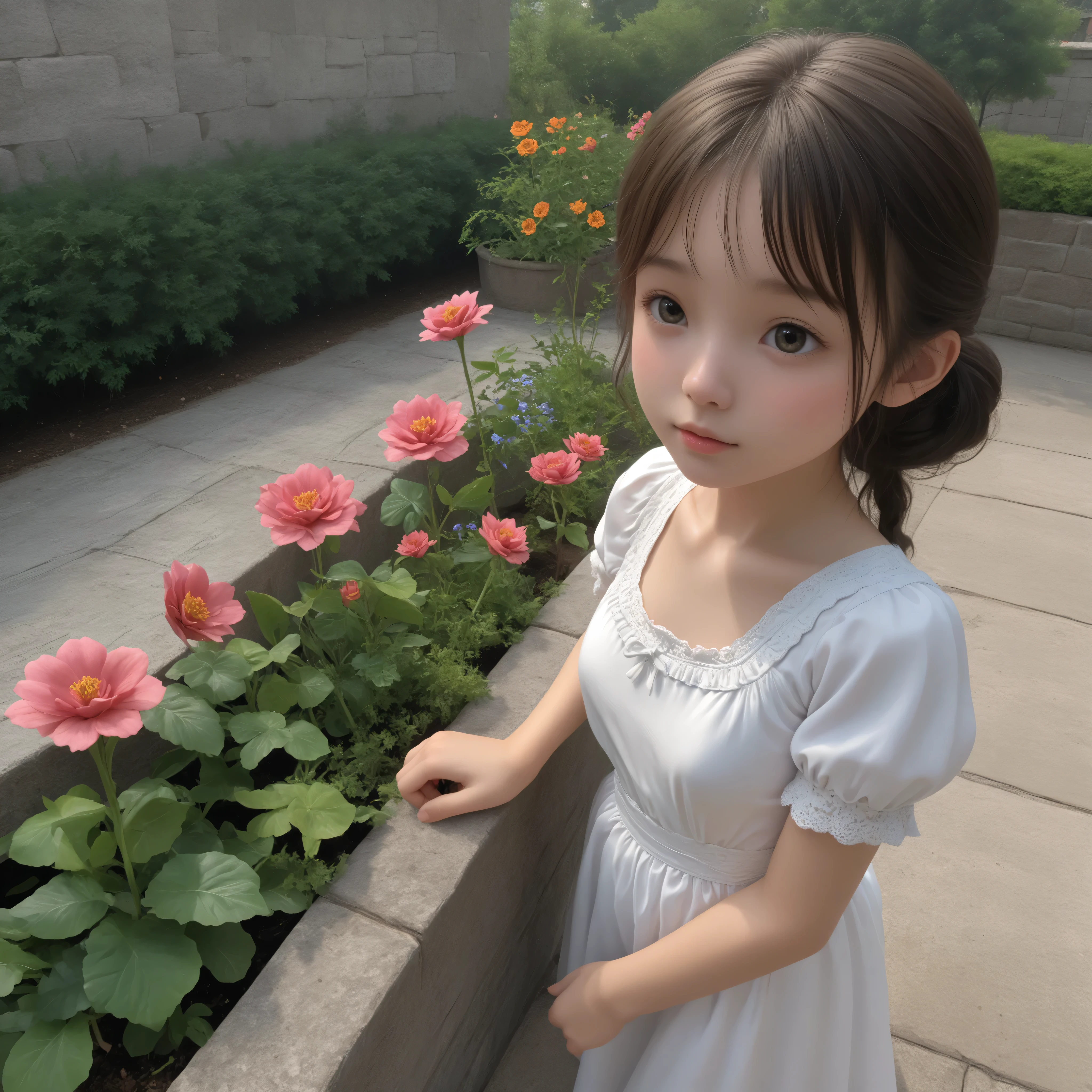 1 Girl、maids,Look at the audience,(skinny:0.41),(younger:1.49),from above,lean forward,(big boobs:0.72),is watering flowers outside the mansion,japanese,(Smile Yang with her hair wrapped around her neck:0.19),My left hand is touching my crotch