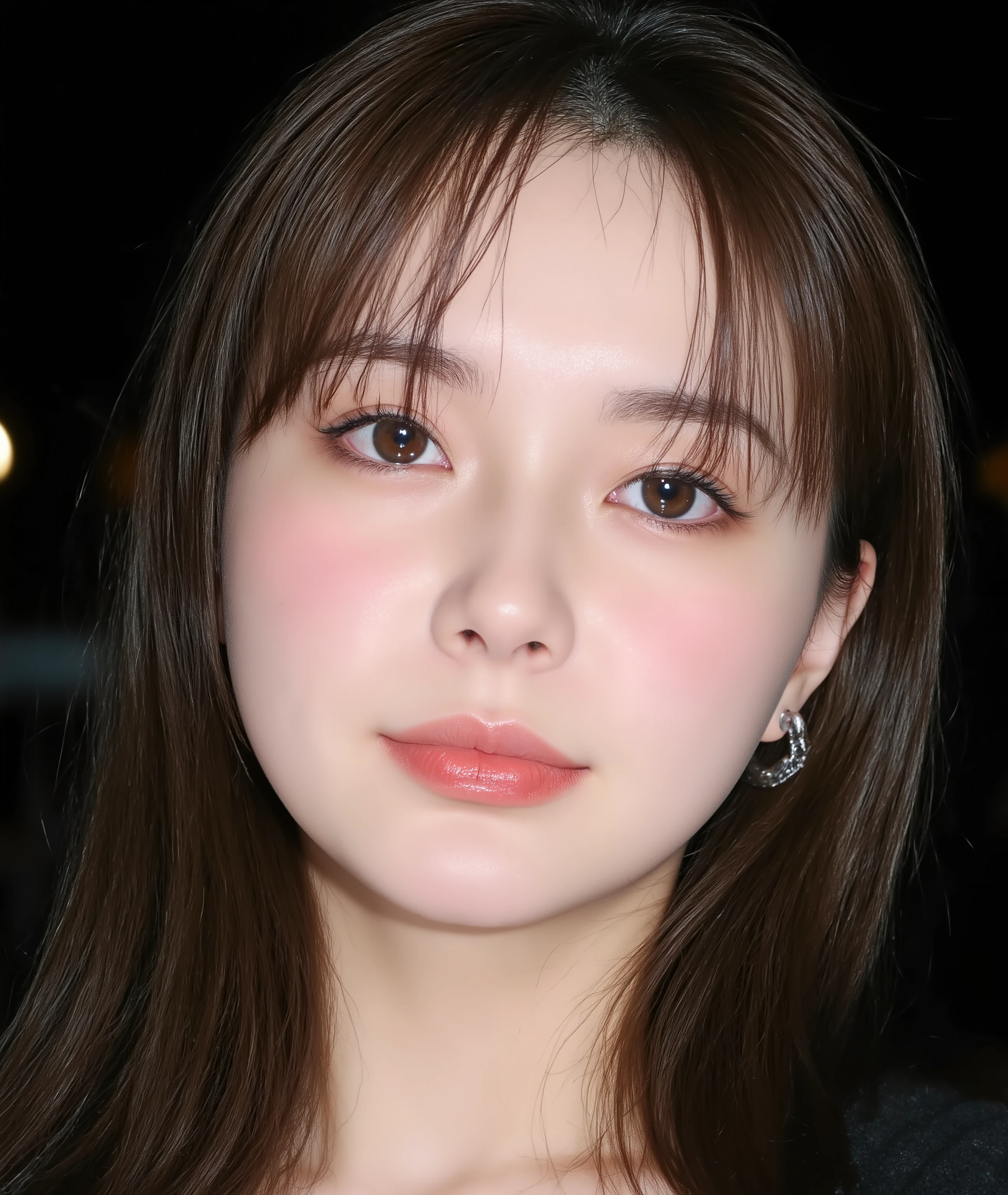 The image is a close-up photograph of a young Asian woman with a fair complexion. Her face dominates the frame, occupying the majority of the image, with her eyes, nose, and lips prominently visible. She has large, almond-shaped eyes with long, thick eyelashes, and her skin is smooth and soft. Her lips are full and slightly parted, revealing a natural, rosy hue. She wears a small silver stud earring in her left ear, adding a subtle touch of personal style.
Her hair is long, dark brown with subtle highlights, and it partially covers her forehead, giving a slightly tousled, casual look. The background is out of focus, but it appears to be a dark, possibly indoor setting, which emphasizes her face and provides a stark contrast to her light complexion. She is wearing a black garment, possibly a top or a sleeve, which is visible at the bottom of the image. The overall mood of the photograph is intimate and personal, capturing a candid moment with a natural, unfiltered aesthetic.