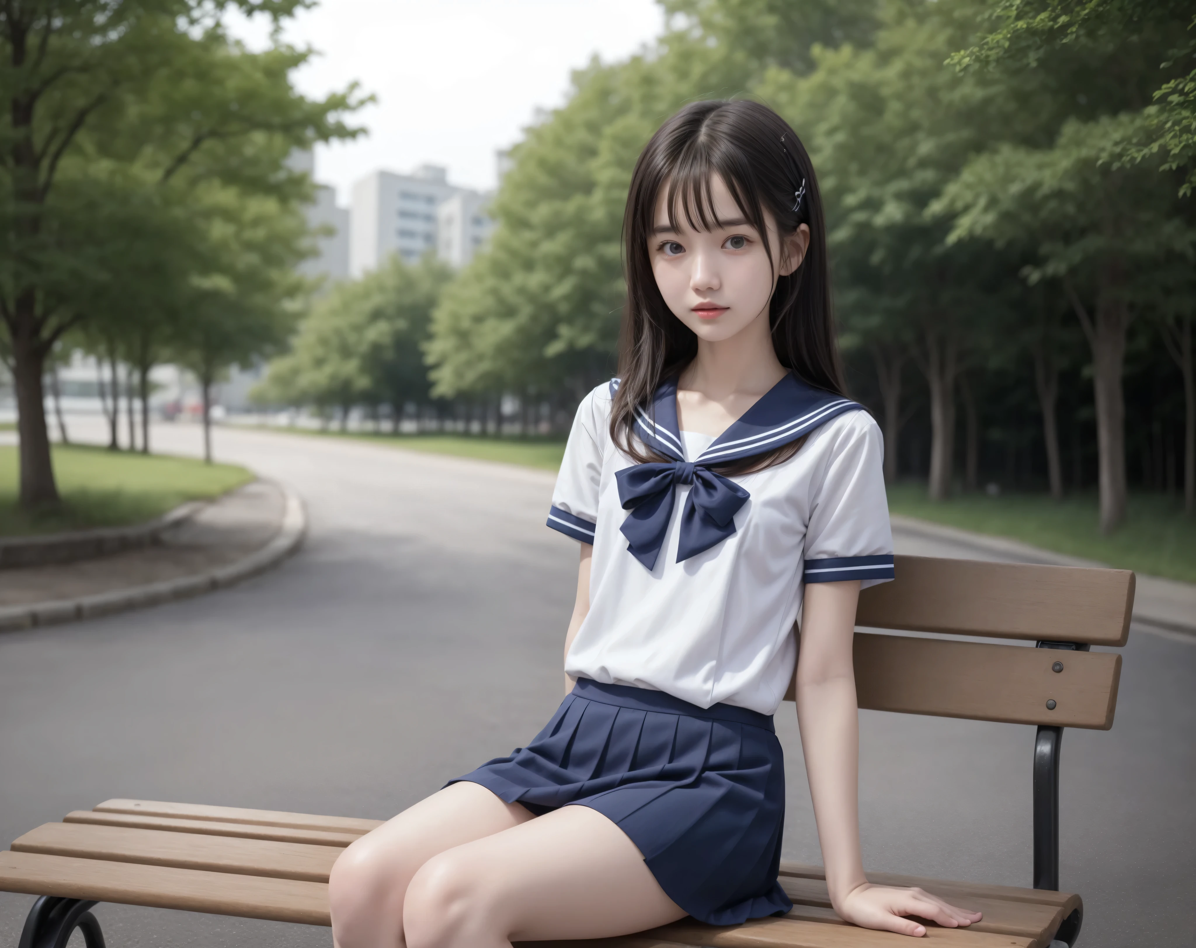 20 years old,cute girl,かわいいyounger女の子,slender,Skinny,short,skinny,slender body,Low body weight,younger,cute hairpins,sailor suit cosplay,Navy Blue Skirt,realistic,sitting on a park bench,Small breasted,japanese,Narrow Shoulder,black tights,dark hair