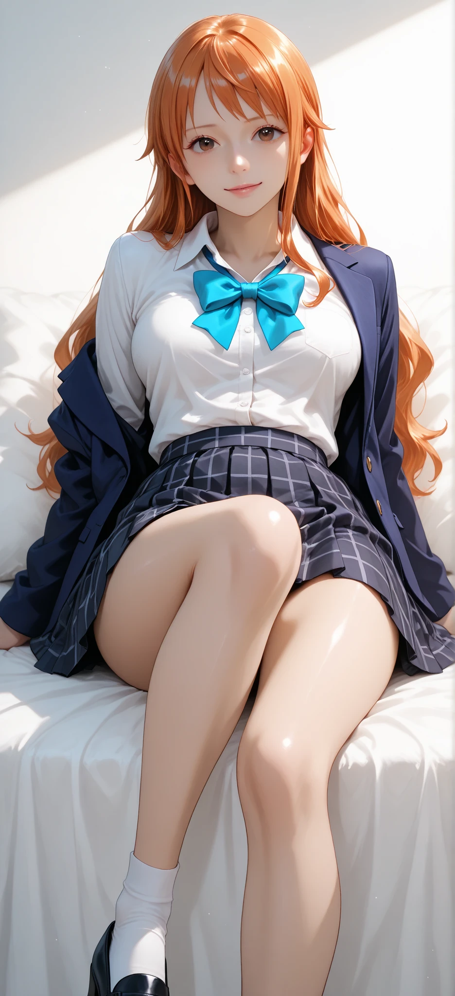 Very detailed、(8k, RAW Photos, highest quality, masterpiece:1.2), (Very detailed 8k wallpaper),shape、Professional Lighting,Sharp focus, Written boundary depth、
Browsing Caution、Clear Eyes、Perfect 、With a girl、12 years old、High Ponytail、,  white collar shirt、bow tie,  Micro Mini Skirt,,Plump thighs、、loose socks、(White lace panties:1.2)、At the bed、、(, legs up:1.2)、