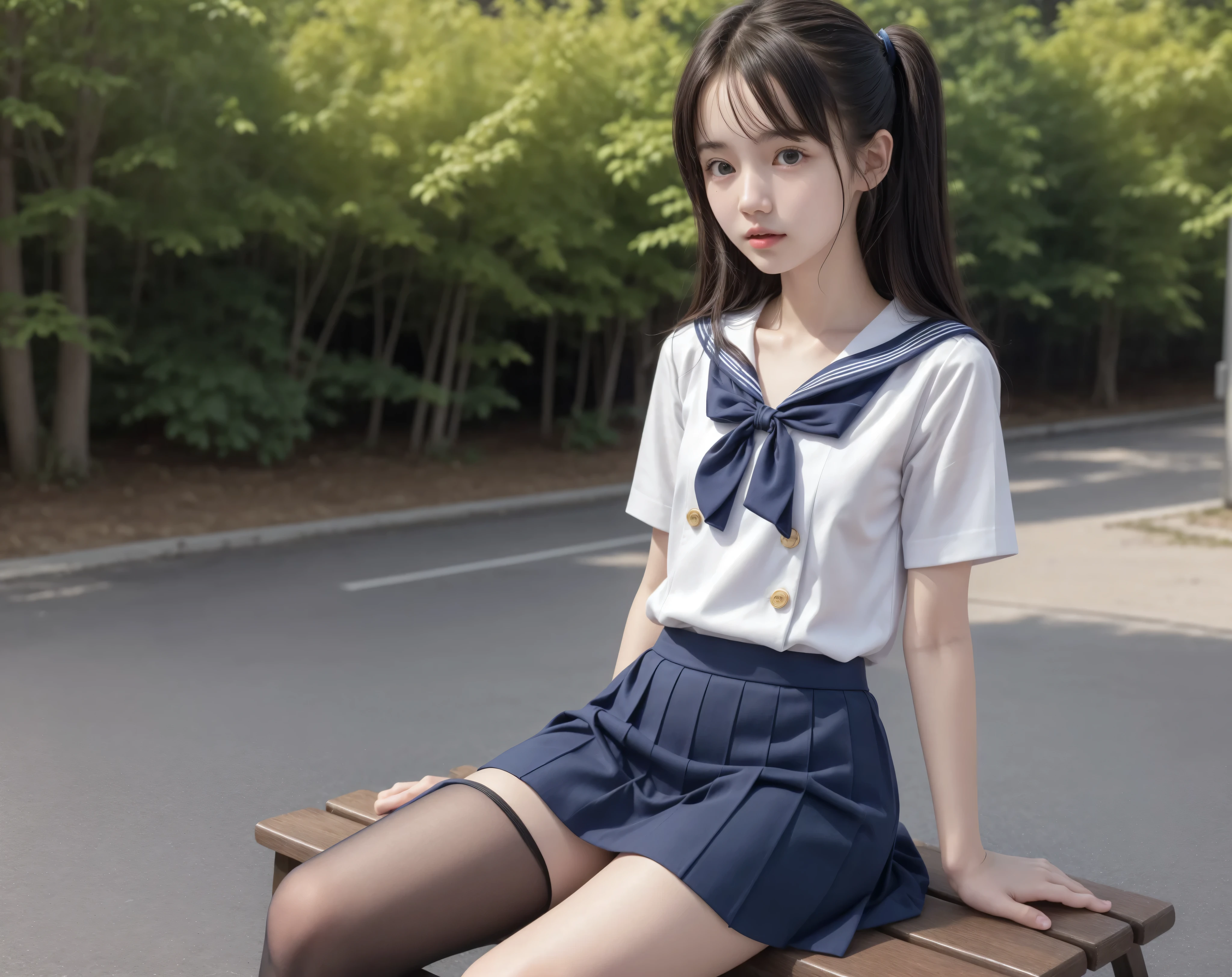 20 years old,cute girl,かわいいyounger女の子,slender,Skinny,short,skinny,slender body,Low body weight,younger,cute hairpins,sailor suit cosplay,Navy Blue Skirt,realistic,sitting on a park bench,Small breasted,japanese,Narrow Shoulder,black tights,dark hair