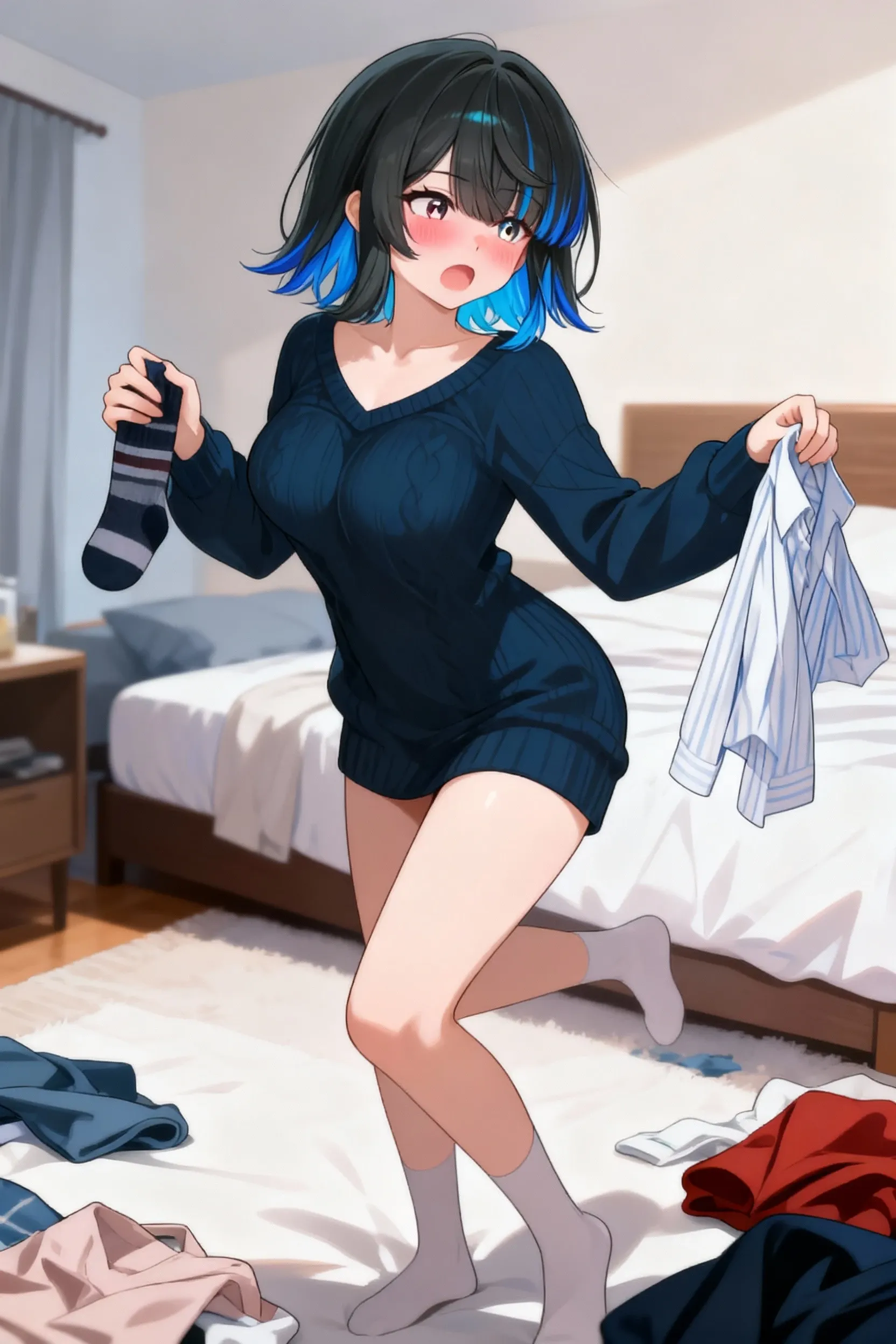 masterpiece, best quality, highres, 1girl, , <lora:diaper_10:0.8>, aaganyu, long hair, low ponytail, ahoge, horns, <lora:ganyu_v1:0.7>, black shirt, skirt lift, indoors