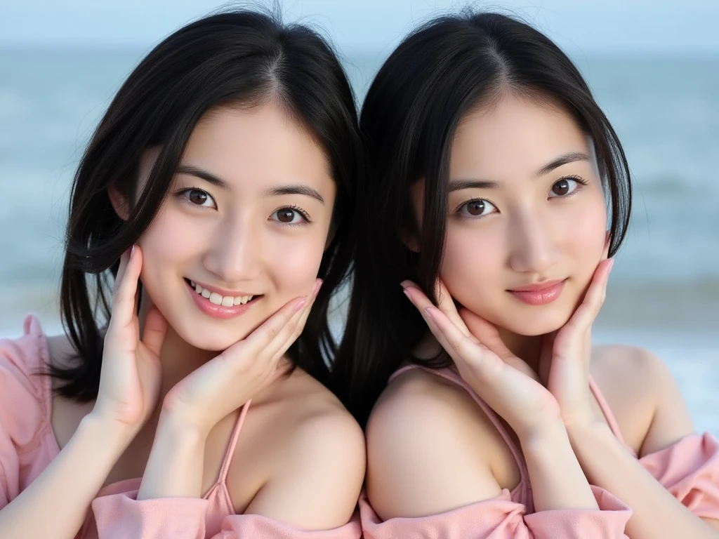 RAW Photos, Realistic:1.4, Two beautiful Japanese women playing beach volleyball, Very detailed eyes and face, Beautiful details in the eyes, Large file size, Very detailedな, High resolution, Very detailed, Highest quality, masterpiece, 8K, wonderful, Fine details, Soft lighting, Dynamic Pose, Long Hair, Cinematic