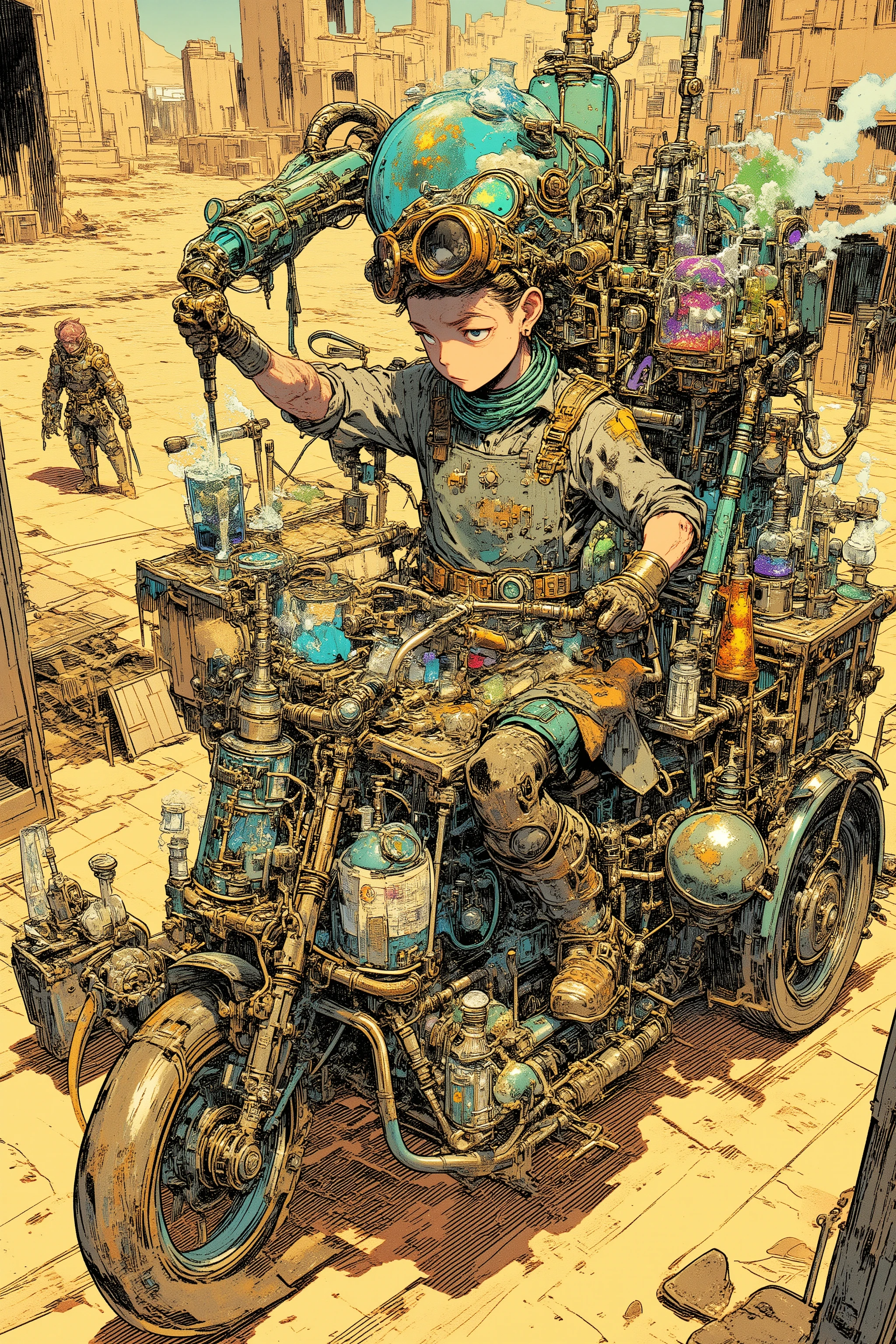 (masterpiece), (best quality), anime illustration style,
a quirky potion merchant riding a steam-powered tricycle with mechanical arms mixing colorful potions,
merchant wears goggles, apron, and belts full of glowing test tubes,
background shows desert ruins and wandering adventurers,
retro fantasy-mecha fusion aesthetic, dense mechanical detailing,
G-pen linework, diagonal dynamic perspective, stylized ink rendering, manga style.