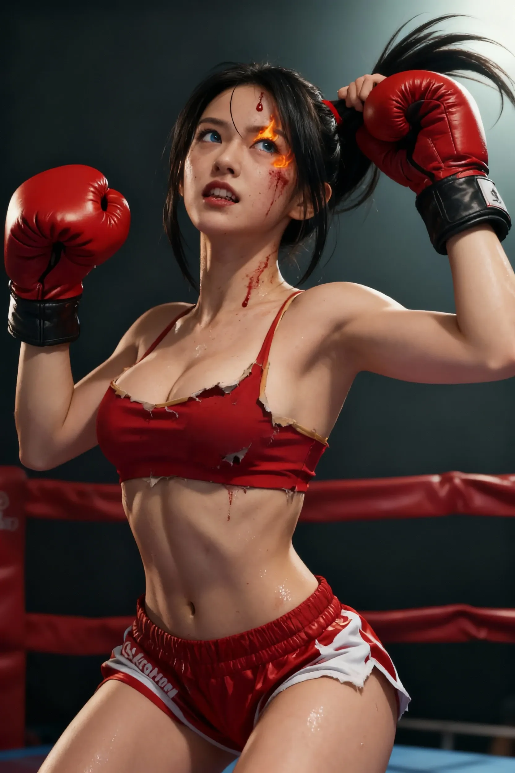 18year old, ((top-quality)), ((​masterpiece)), (high-detail:1.3), (upper body), (((front view))), Beautiful face (cyberpunked:1.3), ((:1.3)), ((woman wearing wushu uniform)), ((choker)), ((sweatbands)), ((headband)), (((small ))), Slim waist, small , (Korean beauty), superfine illustration, exaggerated hair, ((long brown hair with ribbons and traditional chinese double buns wrapped in cloth)), (!), ((barechested!), industrial wasteland!, (nighttime), ((tribal tattoo:1.3)), (((cuts and grazes on skin))), ((fighting stance!)), ((fists held in front of body)), ((face has wounds and cuts and scars)), ((dramatic lighting)), ((neon signs))