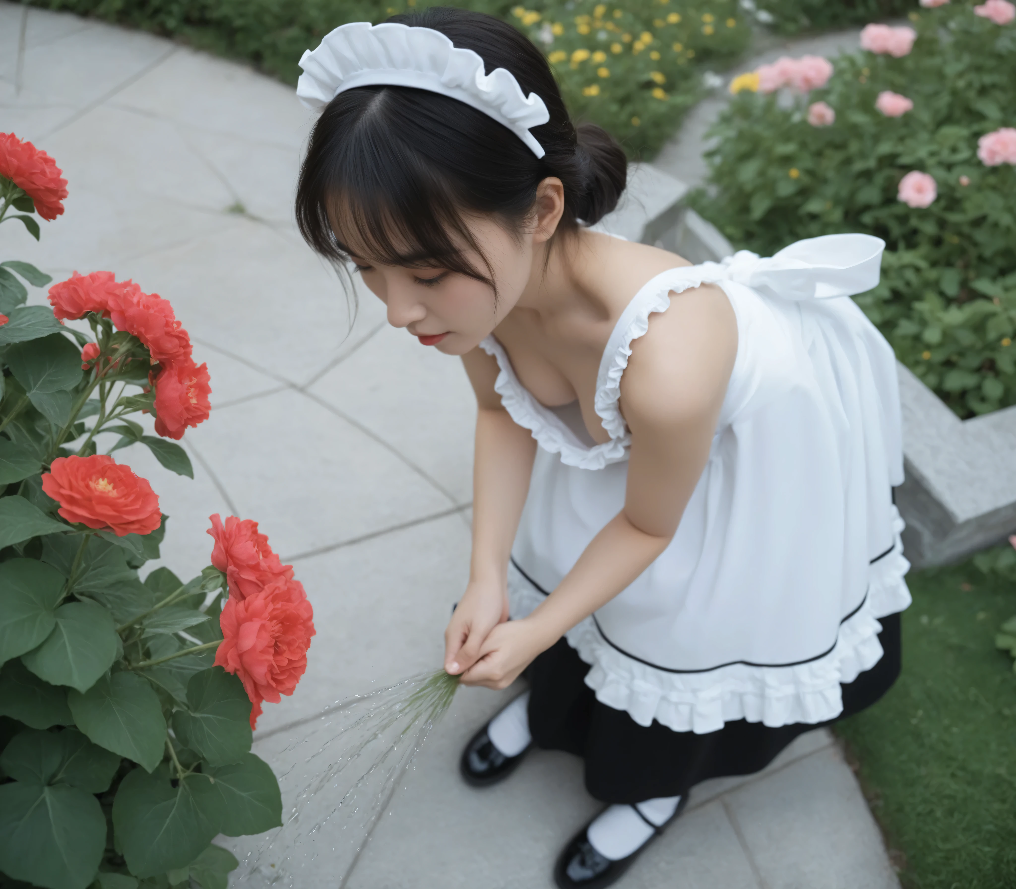 1 Girl、maids,Look at the audience,(skinny:0.43),(younger:0.02),from above,lean forward,is watering flowers outside the mansion,japanese,(Smile Yang with her hair wrapped around her neck:0.29),My left hand is touching my crotch