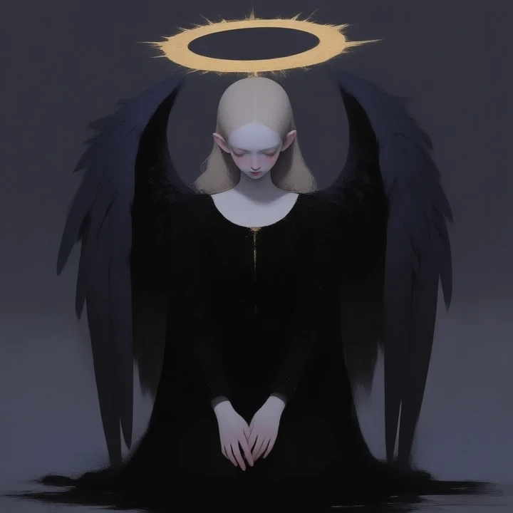 1girl, halo, wings, dress with frills, flat artworks, dark angel, oil painting, dark fantasy, dark art,