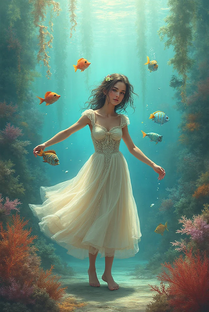 A beautiful queen she live under the deep water . she has some golds, diamond . some fishes flying beside her .she has an attractive bed 