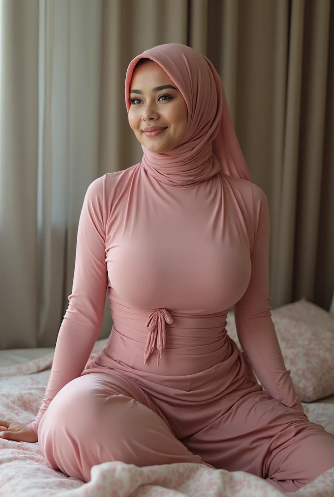 Malay girl very long white hijab, wear pastel lilac high low dress and leather jacket, kneeling on bed, kneeling, smiling , wear necklace, side view, windy, detail skin, age spot, detail skin texture, mole below eyes, small ??????, flat ?????, wide ????, small waists, thick thighs, slim abs, big round ???, beautiful body, nighttime, laughing, happy, bright lighting, people in background, college gym background, blur background, bokeh, location: bedroom,