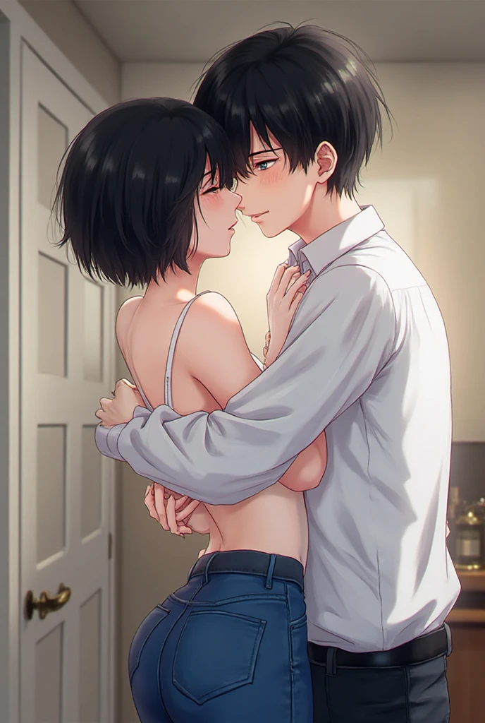 1boy, buzzcut, muscular, brown eyes, , , face to face, boy is front of girl, pelvic to pelvic, girl is below, boy is above, kiss, , bedsheet,  , 1girl, , medium , , , short hair, red ribbon, red headband, black hair, brown eyes, worried eyes, open mouth, cowboyshot, lying on bed, bedroom,  , perfect 