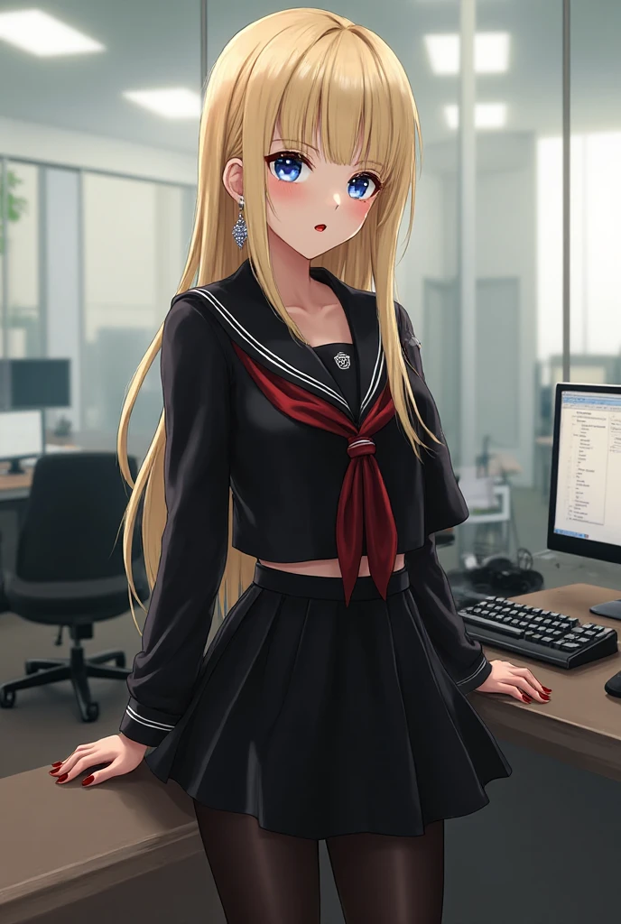 #Basics A girl is posing for a photo, animeのかわいい女の子, (((One Girl, Baby Face, Young girl, 16 years old))), 
BREAK 

#Clothing Accessories 
(White suit : (Suit jacket) + Black blouse + Slim pencil skirt + (Red tie)), (Sheer black pantyhose + Black High Heels), 
(Silver Necklace, silver earrings), 
BREAK 

#Features 
((Blonde:1.4), (Chest-length sideburns + Curly hair), (ponytail : Very long hair + Curly Hair + Curled up + Plump and voluminous)), 
(Droopy eyes,blue eyes), (Small breasts), (Tanned dark skin), 
BREAK 

#background environment 
((noon, Sunshine + Office in a modern building)), 
# Expression Pose
(smug face, Confident and powerful pose with hands on hips, A commanding presence, Leaning forward), 
#composition 
((Face the camera, from below, Cowboy Shot)), 
BREAK 

#Body parts elements 
(Symmetrical  features, Beautiful face with attention to detail), 
(Detailed hair, Beautiful Hair, Shiny Hair), 
(double eyelid, Long eyelashes), 
(Expression of fine eyes, Beautiful and delicate eyes, Sparkling eyes, Eye Reflexes), 
(Human Ear), 
(Beautiful Nose, Thin Nose), 
(Glossy lips, Beautiful Lips, Thick lips), 
(Detailed skin, Textured skin, Beautiful Skin), 
BREAK 

#Quality 
(((Highest quality)), ((masterpiece)), ((Very detailed))), ((High resolution), (16K,1080P)), 
(Realistic), (Anatomically correct), 
((comics, anime)), (3DCG), CG illustration,
