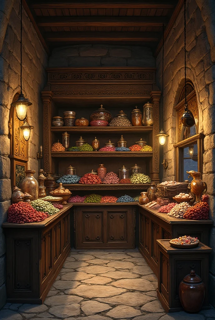 Create an image of an underground winter cellar used for storing various vegetables, located deep beneath the surface. The cellar should be depicted as a deep, cavernous space, optimized for the preservation of vegetables during winter. It should have rustic wooden shelves and bins filled with a variety of root vegetables like potatoes, carrots, and beets. The walls of the cellar should be made of earth and stone, indicating its deep underground location. The lighting should be dim and natural, possibly from a small window or gaps in the cellar's entrance, highlighting the cool, damp atmosphere ideal for vegetable storage. The overall scene should evoke a sense of traditional, practical utility in a subterranean setting.