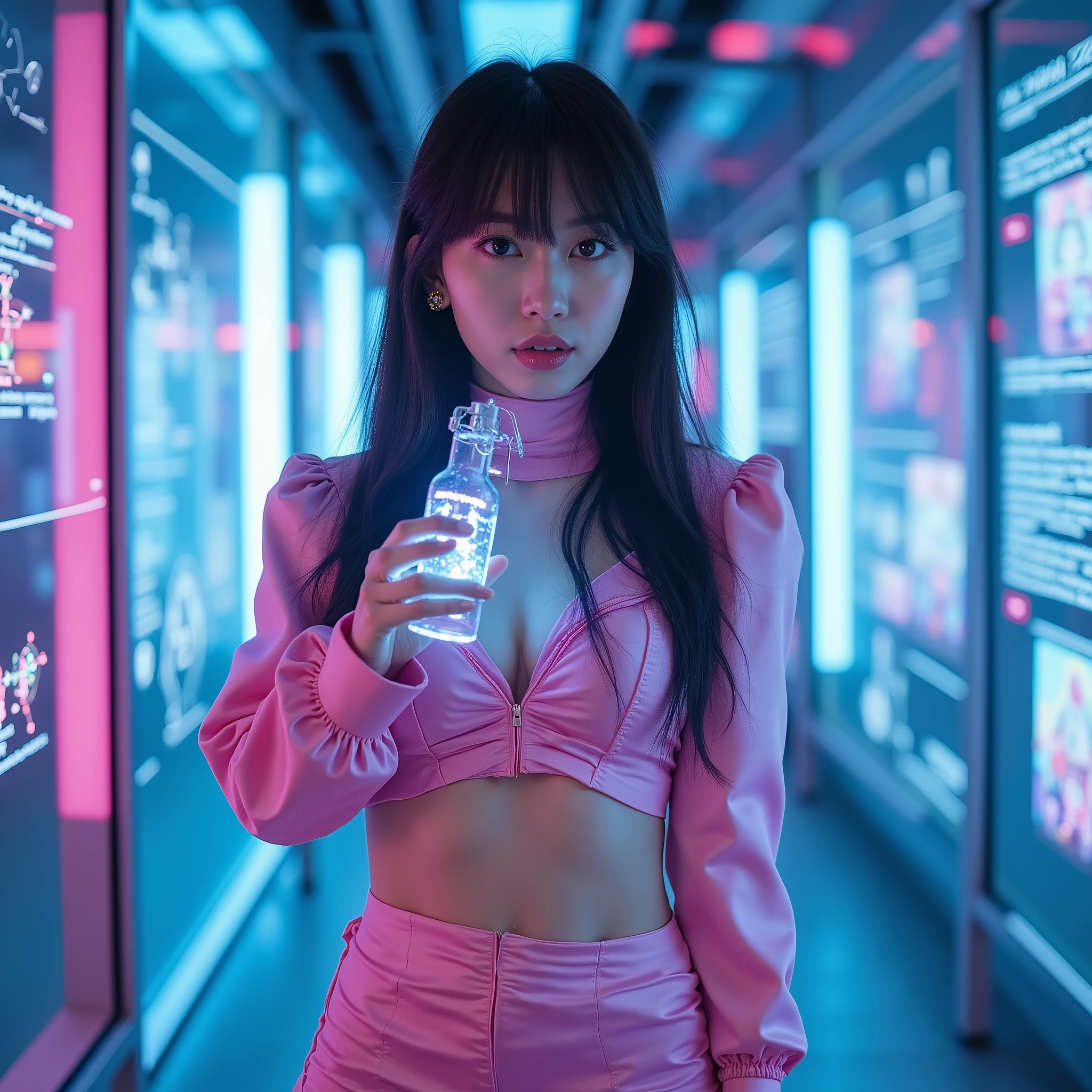 } Futuristic Genetically Modified Drug Dealer Style Japan's Top Idol、Costumes Combining Cyberpunk Elements and Classic Drug Dealers、Futuristic Costumes Are Brightly Colored Satin Garments Mixed Mini Dresses and Sailor Uniforms、 (full body shot from head to calf:1.5), BREAK, 超 Clear Focus, advanced medicine bottle with hologram display in hand、presence as a future formula integrating science and magic、The bright daytime office interior in the background is a wall full of digital formulations and、holograms with floating molecular structures、sharp gaze and calculated smile of someone with forbidden knowledge、blue and purple neon lights、mysterious appearance in a worldview where reality and virtual intersect、8K high resolution、Ultra detailed realistic RAW photos,