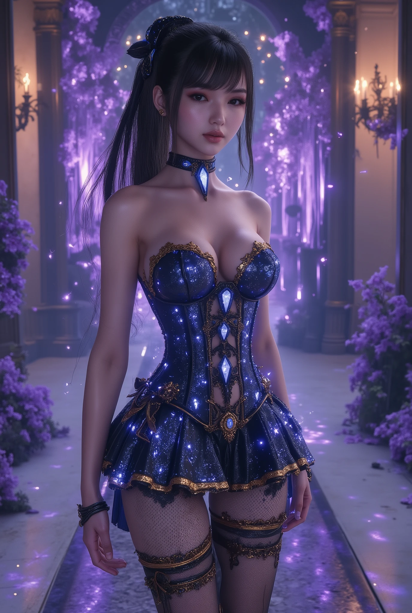 Long shot, full body foto, hyper detail, hyper detail clothing texture, 17 year old young Asian girl with cute face with a sweet appearance and fair skin, a tall, oily body, a slim and small stomach, a wide waist, long and sexy muscular legs, and large breasts. wearing a strapless corset with a deep cleavage that shows her navel, shaped by very tight and avant-garde black diamonds with intricate details, a pleated miniskirt and nylon stockings with sexy high gold lace, she also wears high-heeled stilettos with straps, reminiscent of Gothic or fantasy style. This work features intricate details, including sparkling blue gemstones and feather-like textures and flashes of blue light that adorn the tight corset, The shiny paint on the corset adds a sense of fantasy, while her long black hair flows in waves over her shoulders, standing in A grand fantasy hall with a wide marble staircase, glowing purple crystals, flowering magical plants, and towering classical columns. Soft mist drifts through the scene, lit by golden chandeliers. The color palette blends purples, silvers, and whites, creating an ethereal, elegant atmosphere beneath a starry sky.