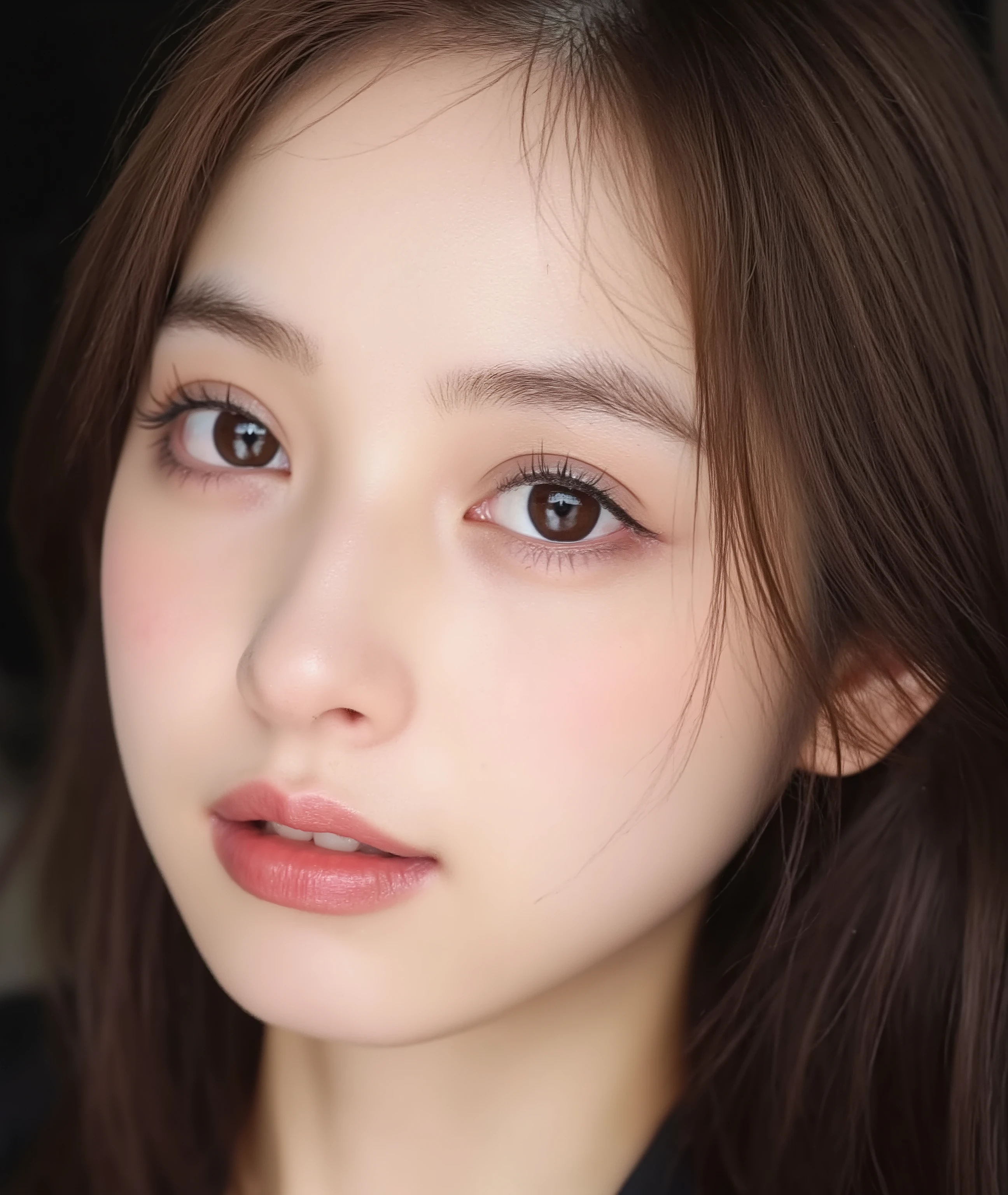 The image is a close-up photograph of a young Asian woman with a fair complexion. Her face dominates the frame, occupying the majority of the image, with her eyes, nose, and lips prominently visible. She has large, almond-shaped eyes with long, thick eyelashes, and her skin is smooth and soft. Her lips are full and slightly parted, revealing a natural, rosy hue. She wears a small silver stud earring in her left ear, adding a subtle touch of personal style.
Her hair is long, dark brown with subtle highlights, and it partially covers her forehead, giving a slightly tousled, casual look. The background is out of focus, but it appears to be a dark, possibly indoor setting, which emphasizes her face and provides a stark contrast to her light complexion. She is wearing a black garment, possibly a top or a sleeve, which is visible at the bottom of the image. The overall mood of the photograph is intimate and personal, capturing a candid moment with a natural, unfiltered aesthetic.