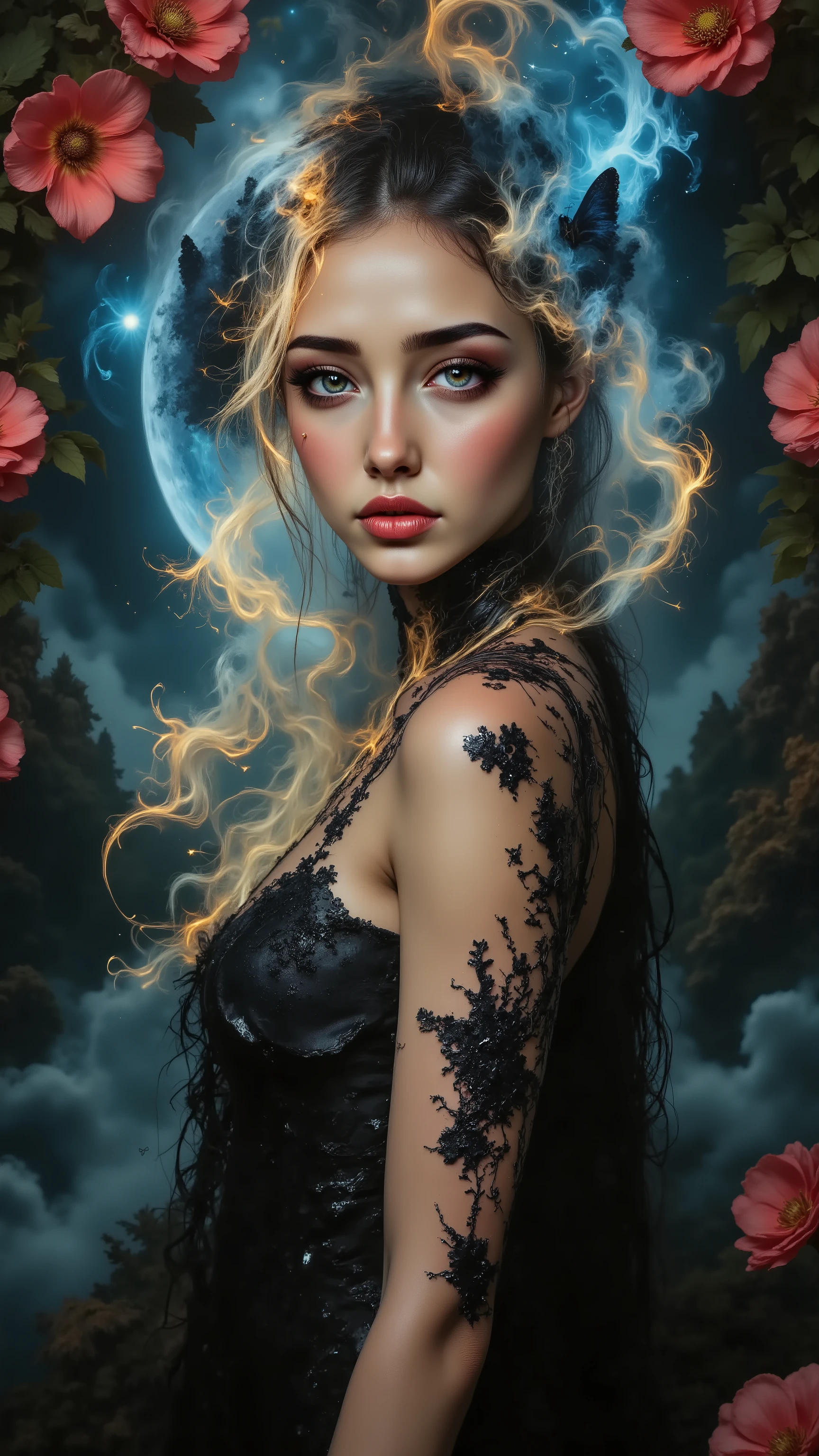 Ultra-realistic (photorealistic Realism) , "UHD, Hyper high resolution" - "(Hyper quality, intricately ultra-detailed digital art)" (Key Directive: - ("The priority is the anatomical accuracy and texture of the materials" - "Ultra-sharp human eyes with biological accuracy") (realistic texture details: velvety skin, hair), long Lashes: individual synthetic fibers (crosshatched roots:1 . 2 , clump-free separation), { "Eyes:(acid-resistant terminology) (macro-details:1.5): * Moist corneal surface (visible aqueous layer:1.2) * Hyper-detailed iris eyes (green) * Precise limbal ring (slightly darker pigmentation:1.3) * Pupil micro-texture (irregular edge authenticity:0.9) * Vasculature in sclera (subtle blue veins radiating from limbus)" } (Avoid: "pupil distortion , uncanny valley asymmetry , plastic-like wetness"),detailed portrait of a princess wearing a luxurious fur robe over a royal dress, she has a warm smile on her face, lush waterfall in the background, colorful flowers surrounding her, highly detailed, 8k, photorealistic, realistic lighting, professional digital art, dramatic fantasy style, oil painting, vibrant colors, intricate details, h4nd