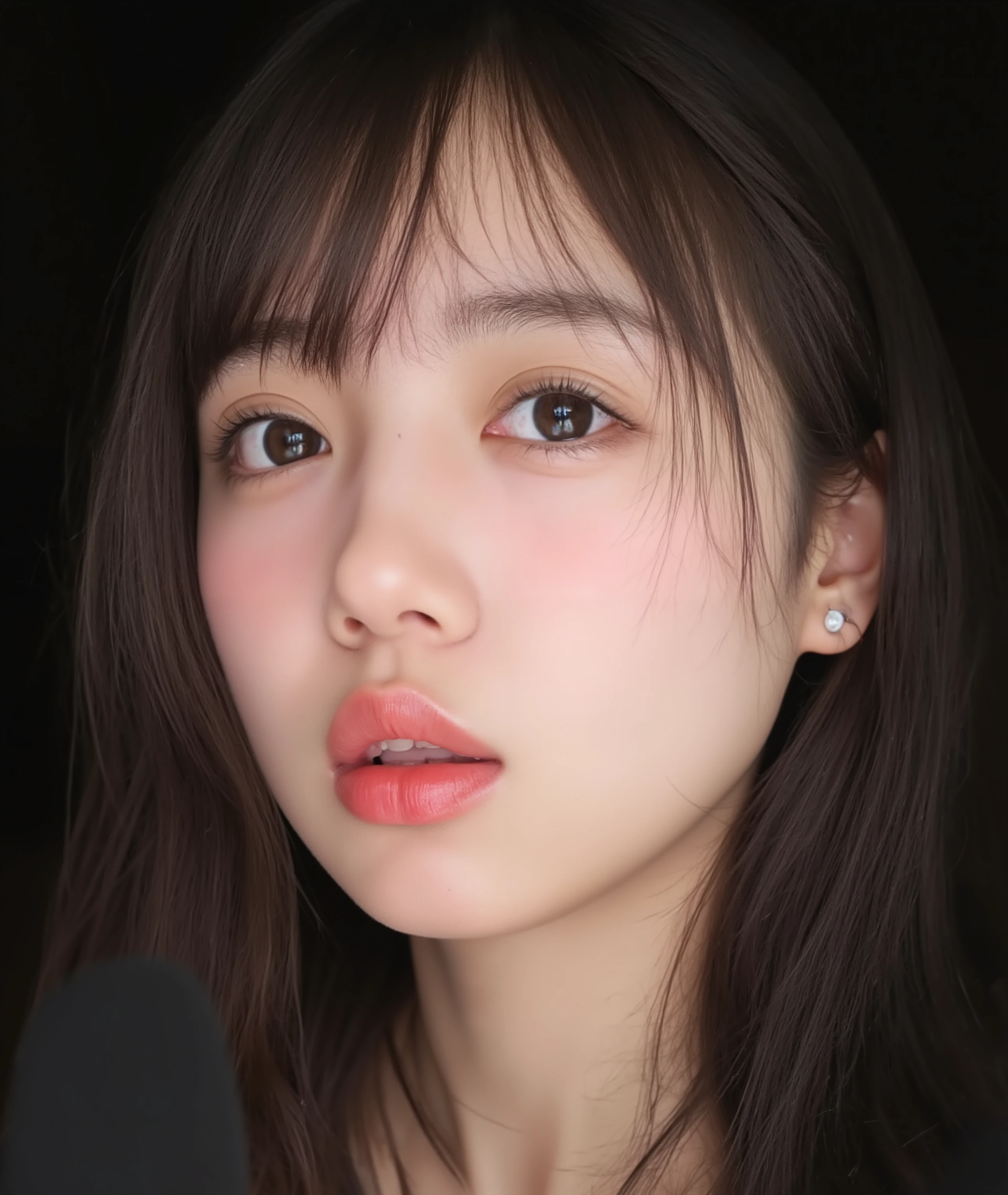 The image is a close-up photograph of a young Asian woman with a fair complexion. Her face dominates the frame, occupying the majority of the image, with her eyes, nose, and lips prominently visible. She has large, almond-shaped eyes with long, thick eyelashes, and her skin is smooth and soft. Her lips are full and slightly parted, revealing a natural, rosy hue. She wears a small silver stud earring in her left ear, adding a subtle touch of personal style.
Her hair is long, dark brown with subtle highlights, and it partially covers her forehead, giving a slightly tousled, casual look. The background is out of focus, but it appears to be a dark, possibly indoor setting, which emphasizes her face and provides a stark contrast to her light complexion. She is wearing a black garment, possibly a top or a sleeve, which is visible at the bottom of the image. The overall mood of the photograph is intimate and personal, capturing a candid moment with a natural, unfiltered aesthetic.