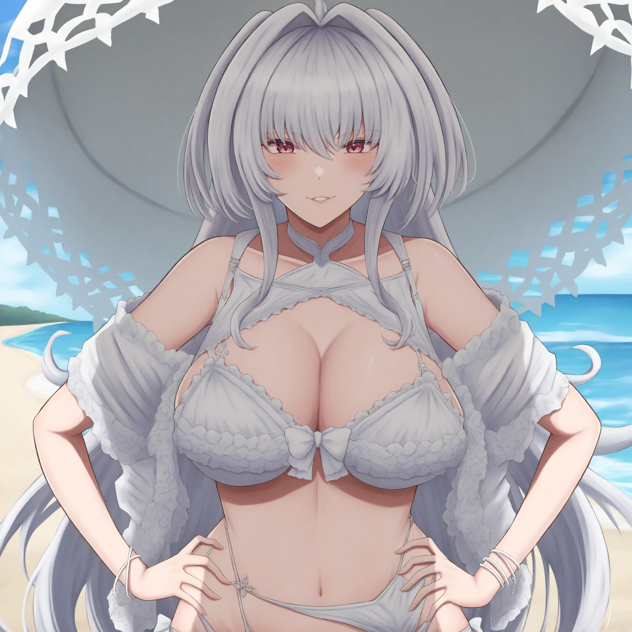 1girl, ((milf)), ((dark skin)), white hair, see through clothing, unrealistically large extremely , (huge titties), (large badonkers), ((sapphire blue eyes)), (( )). ((((neck decor)))), ((((translucent )))), (()), ((((translucent)))), ((((see-through)))), (((see-through clothing))), (((((tropical setting))))), ((((super massive ))))