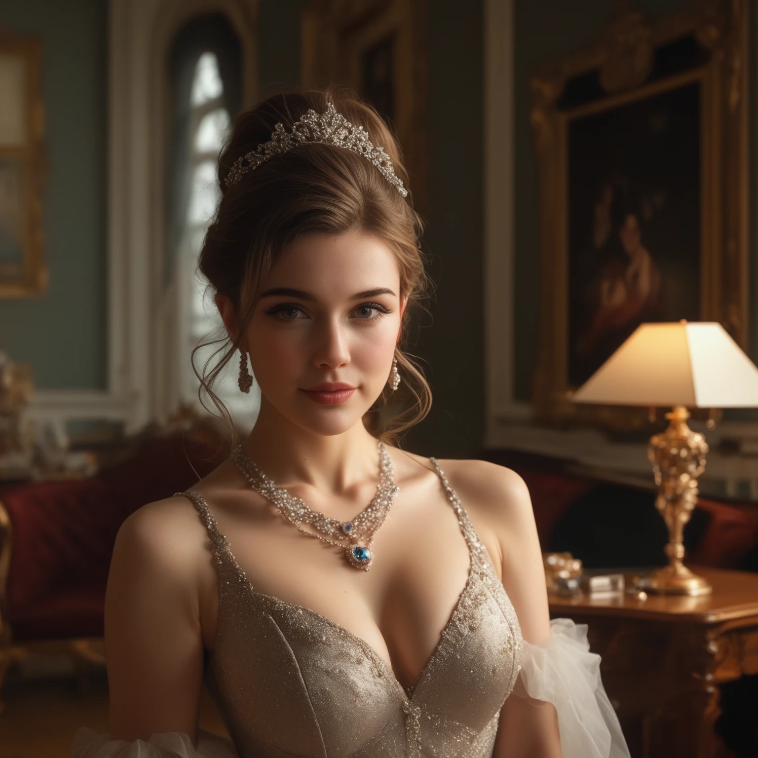 " a graceful young woman blending soft, youthful beauty with fierce elegance, radiating charm and cuteness. Her oval face features fair to medium skin, large almond-shaped black eyes with a gentle tilt, arched eyebrows, a small straight nose, and full lips with a cute smile. Her cheeks are rounded, and her deep brown hair is tied loosely in the back with a few strands falling softly around her face. She is curvy and little chubby, with a well-proportioned hourglass figure, wearing a flowing, modestly cut outfit with subtle accents that ripples gently, fully covering her chest with a high neckline, and a delicate necklace above her collarbone. Her soft hands have slim, arched fingers in a graceful pose, and her legs are smoothly contoured, bent naturally and symmetrical. She sits confidently on a modern urban sofa in a stylish apartment, her head tilted slightly upward with a loving, sparkling gaze. The scene, lit with gentle neutral warm light, is rendered in a hyper-realistic style inspired by Pascal Blanché’s vibrant compositions, Greg Rutkowski’s lush details, and Ilya Repin’s emotive realism, ensuring 100% accuracy and a cinematic, flawless presentation