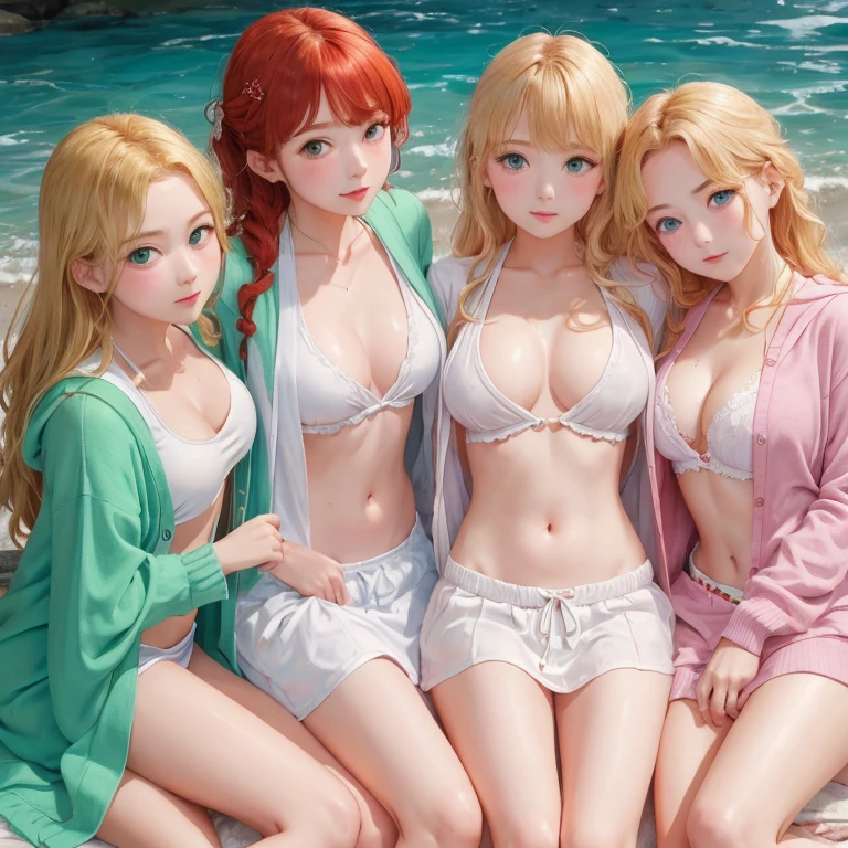 3 girls, teen, skinny waist, x-small , lay in bed, tiny  white pink blue striped tiny triangle, underboobs, high socks striped black and white, ginger pink blonde hair, lay in bed in the morning, caressing, pink eyes, realistic, on the back, big ,
