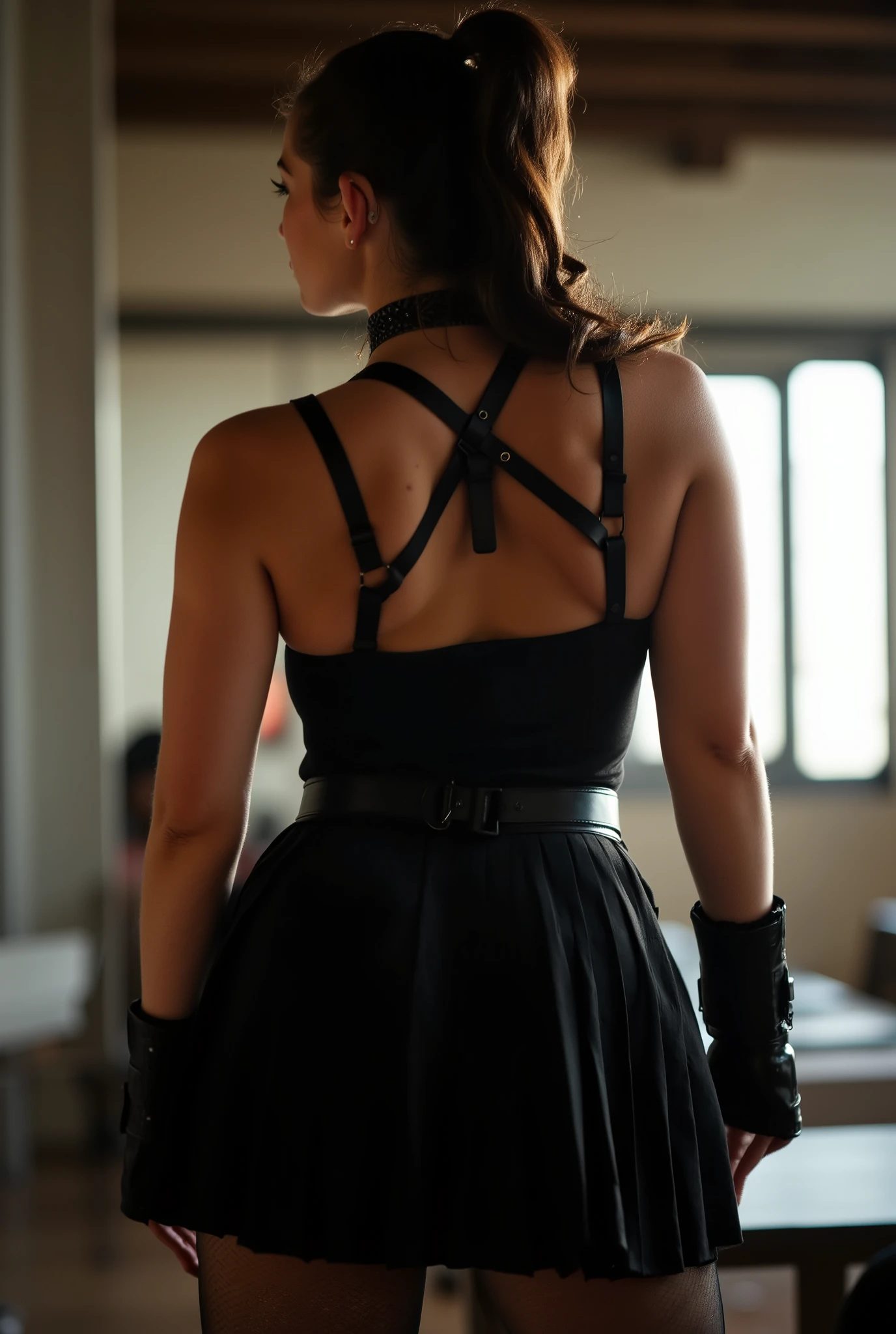 commanding rear angle portrait of European woman with authoritative posture, stout powerful figure with wide hips and thick legs, head turned just enough to reveal a cold calculating sidelong glance, wavy dark brown hair pulled tightly into a severe ponytail, wearing dominatrix-inspired pleated black skirt with sheer black tights emphasizing her imposing curvaceous form, form-fitting black tank top with prominent leather harness straps tightly binding her strong back, leather choker gripping her neck and heavy wrist cuffs suggesting absolute control, back deliberately arched to assert dominance while accentuating her cozy pronounced buttocks, shot from submissive low angle with ceiling visible beyond her towering intimidating presence, harsh daylight casting dramatic shadows across her commanding silhouette, photorealistic with intense atmospheric tension