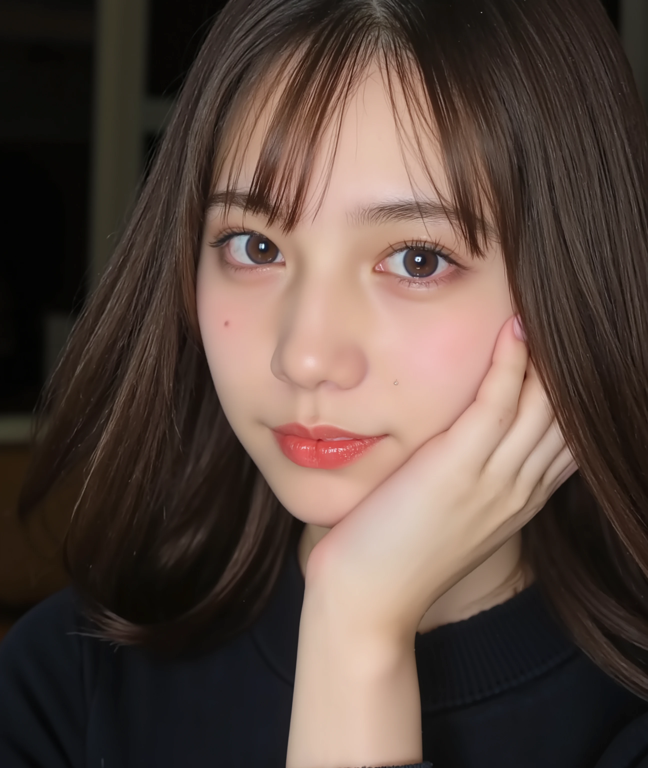 The image is a close-up photograph of a young Asian woman with a fair complexion. Her face dominates the frame, occupying the majority of the image, with her eyes, nose, and lips prominently visible. She has large, almond-shaped eyes with long, thick eyelashes, and her skin is smooth and soft. Her lips are full and slightly parted, revealing a natural, rosy hue. She wears a small silver stud earring in her left ear, adding a subtle touch of personal style.
Her hair is long, dark brown with subtle highlights, and it partially covers her forehead, giving a slightly tousled, casual look. The background is out of focus, but it appears to be a dark, possibly indoor setting, which emphasizes her face and provides a stark contrast to her light complexion. She is wearing a black garment, possibly a top or a sleeve, which is visible at the bottom of the image. The overall mood of the photograph is intimate and personal, capturing a candid moment with a natural, unfiltered aesthetic.