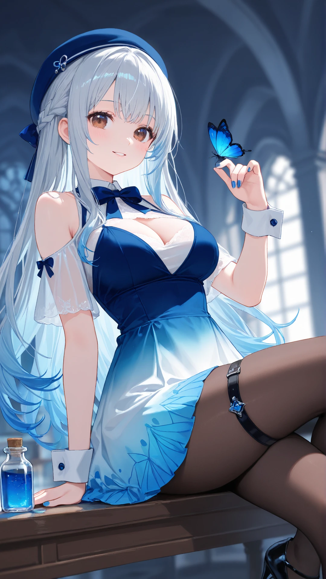 a women, blue butterfly, blue hair, pink eyes, blue dress