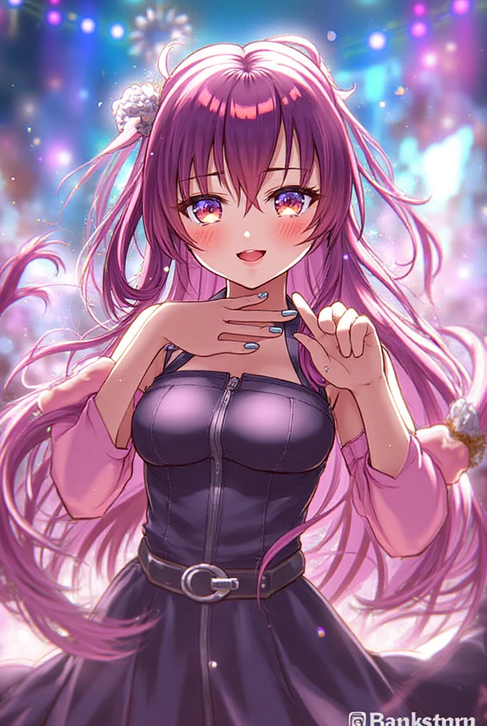 1girl, full body, cowboy shot,
(Rembrandt), illustration, (masterpiece), (best quality), (ultra_detailed), finely detail, (Depth of field),
HshinoAi,gloves, tongue out, tongue, long hair, star \(symbol\), looking at viewer, (purple hair:1.2), purple eyes, upper body, hair ornament, :p, frills, pink shirt, smile, sleeveless, shirt, idol, symbol-shaped pupils, hands up, bangs, one side up, star-shaped pupils, arms up,
dress pull,
Roaring Twenties, isometric, from above, sky, flower, cliff,